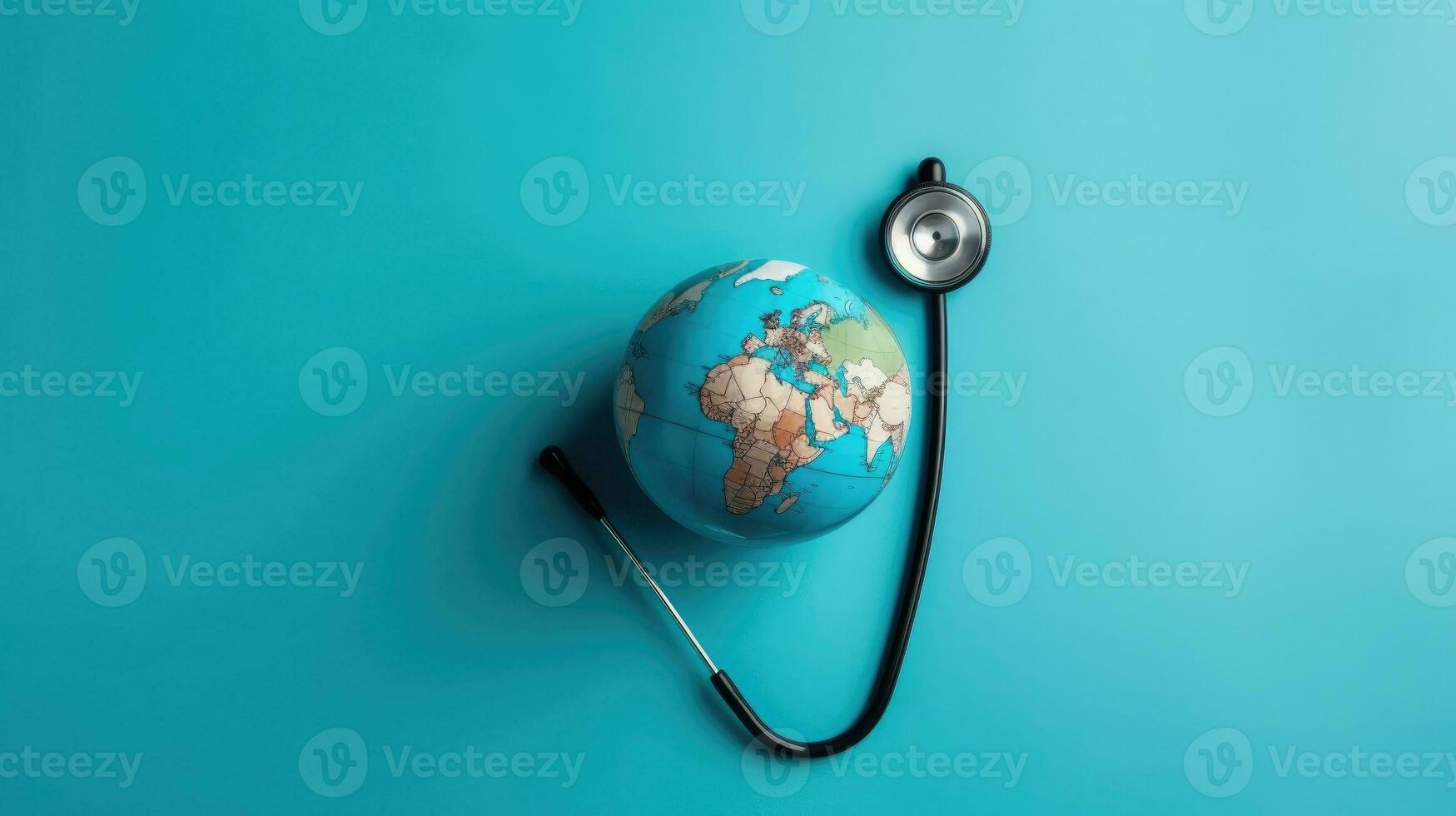 Top View of World Health day banner design of a stethoscope and miniature earth, AI Generative photo