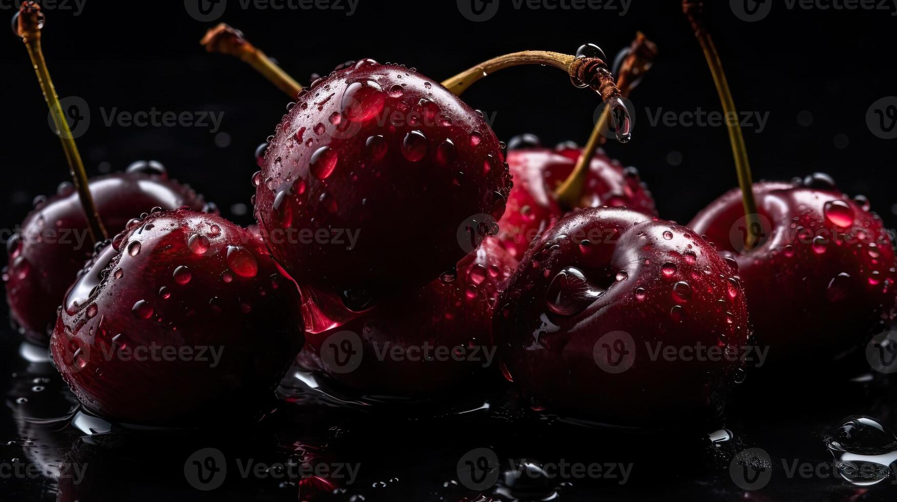 cherry fruits hit by splashes of water with black background and blur, photo