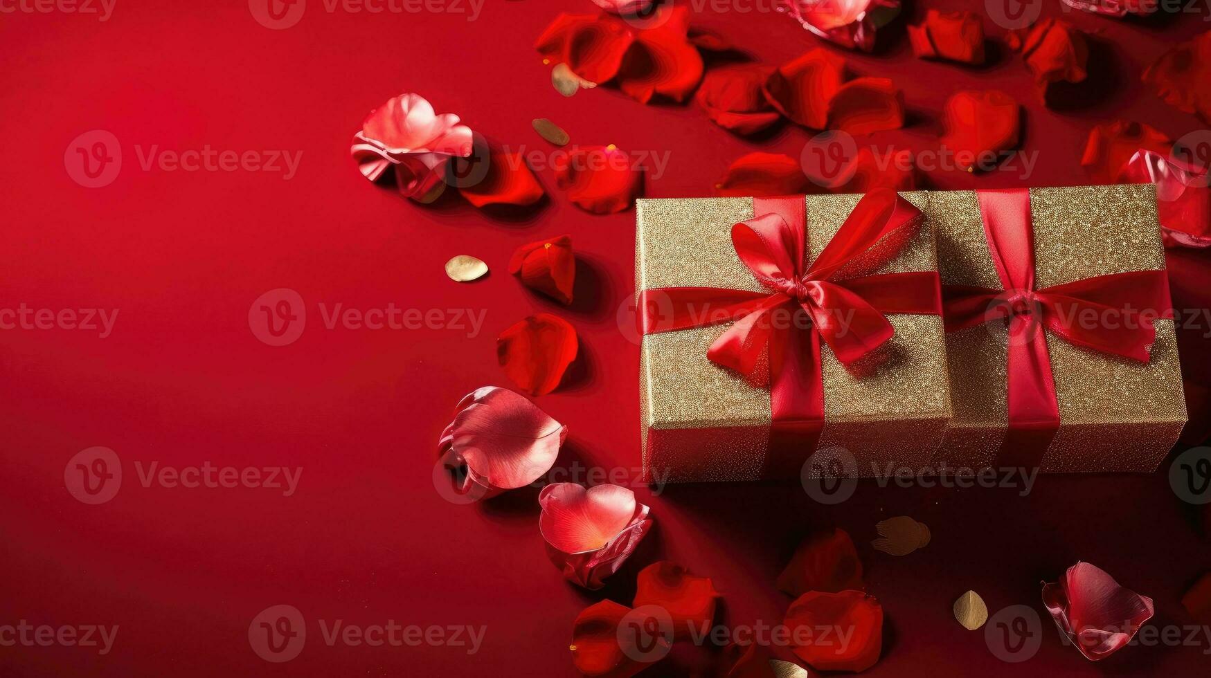 Valentine day banner design of a collection of Gift box and red flowers on red background, AI Generative photo