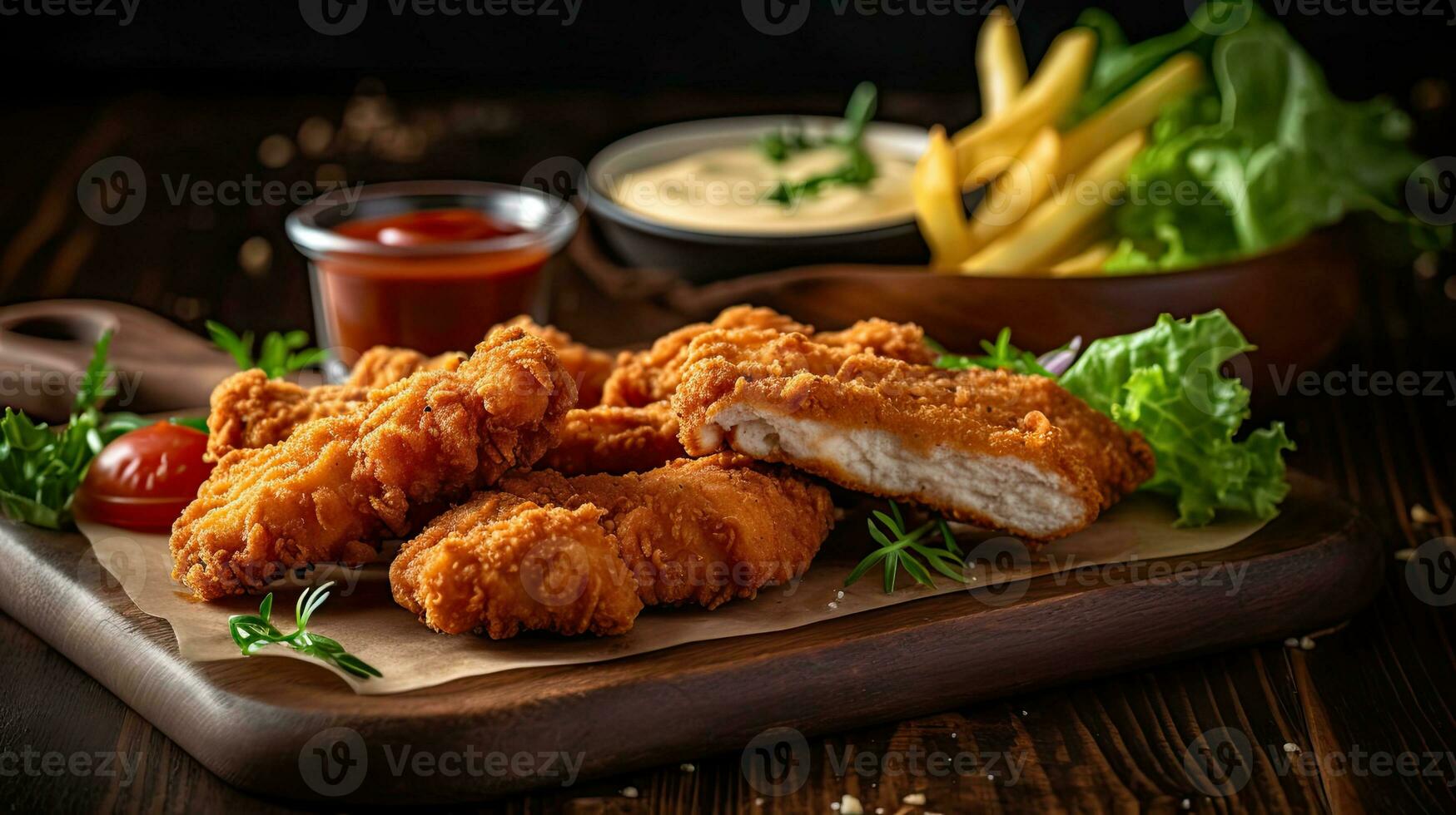 Chicken Tenders with vegetable ornament on blurred background, AI Generative photo