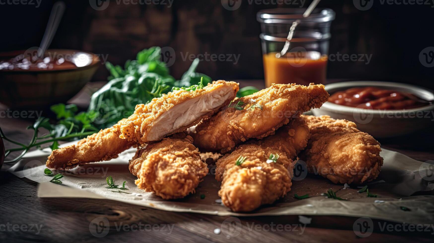 Chicken Tenders with vegetable ornament on blurred background, AI Generative photo