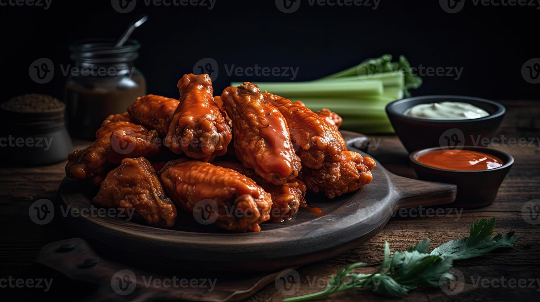 Buffalo Wings with cut vegetables on a black plate and blur background, AI Generative photo