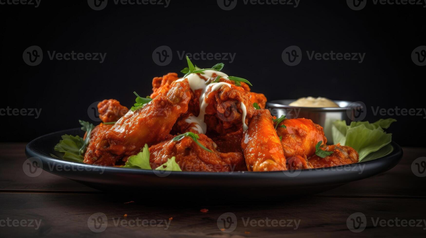 spicy red buffalo wings with cut vegetables on a black plate and blur background, AI Generative photo