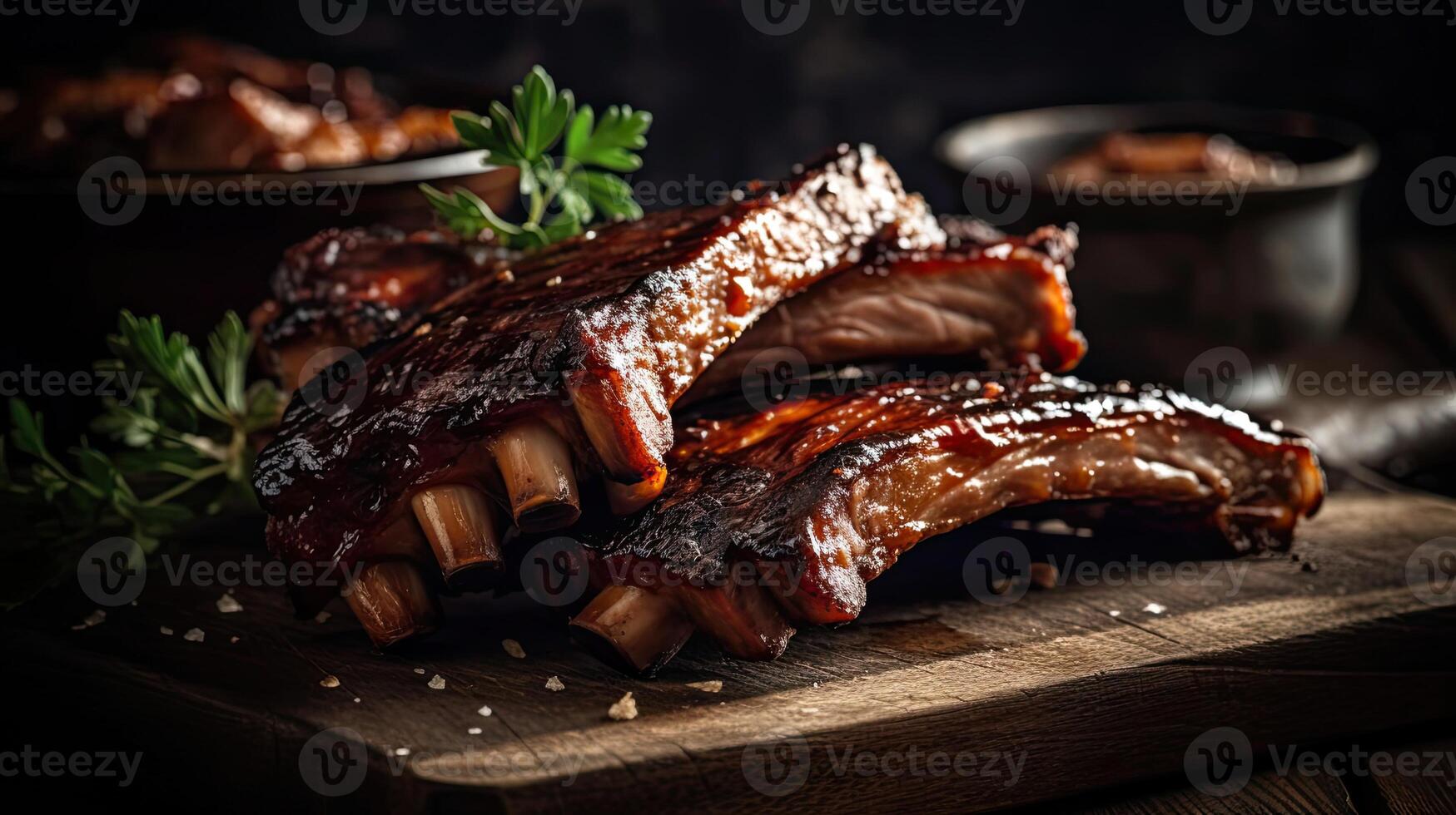 Barbecue Ribs with a sprinkling of chopped green vegetables and blur background, AI Generative photo