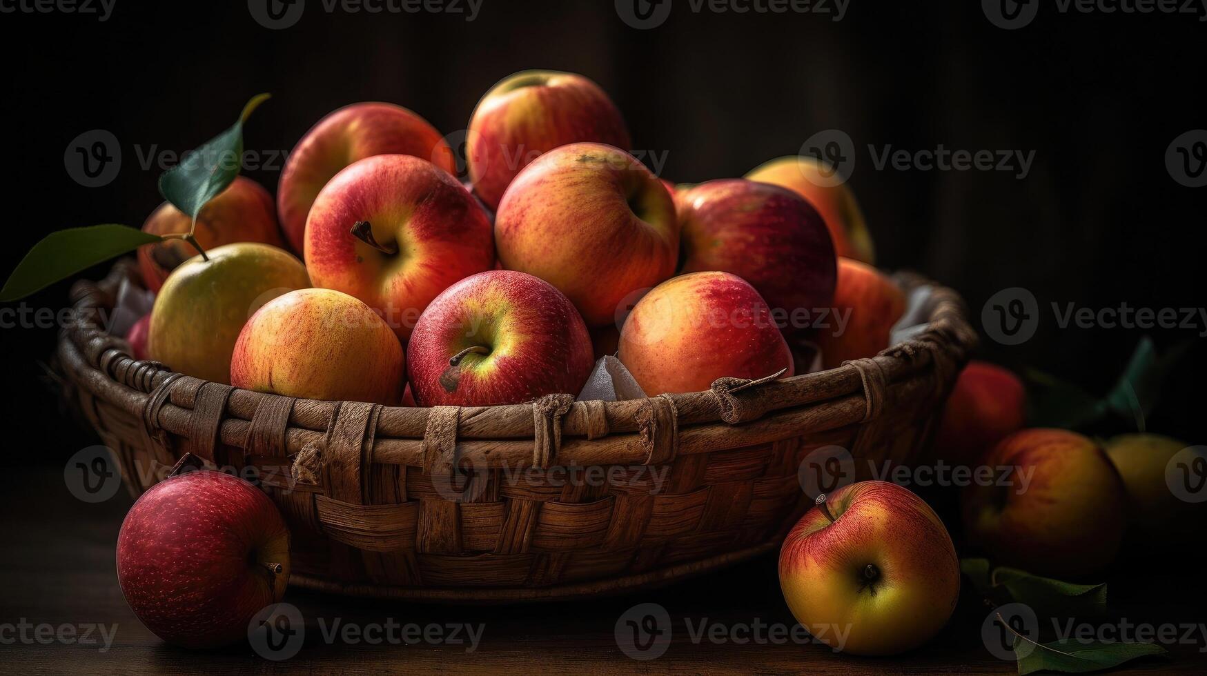 perfect viewing angle of bunch of apples in a basket with blur background, AI Generative photo