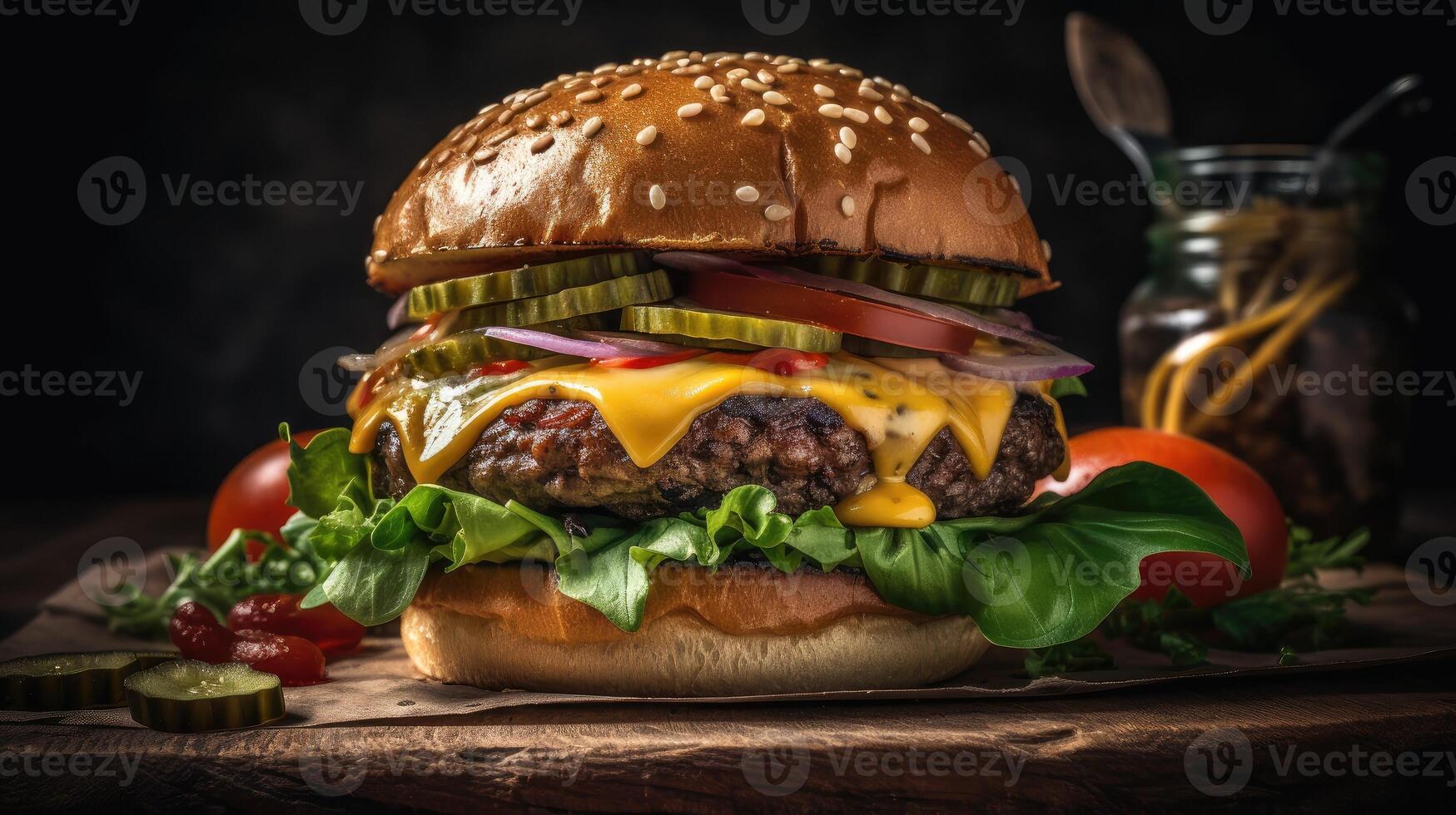 de cerca hamburguesa con queso en un de madera plato con un borroso fondo, ai generativo foto