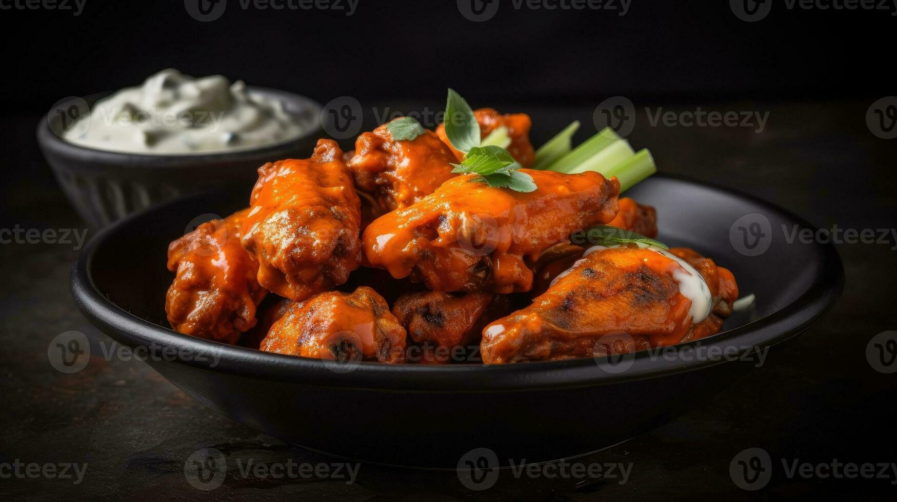 close up spicy red buffalo wings with cut vegetables on a black plate and blur background, AI Generative photo