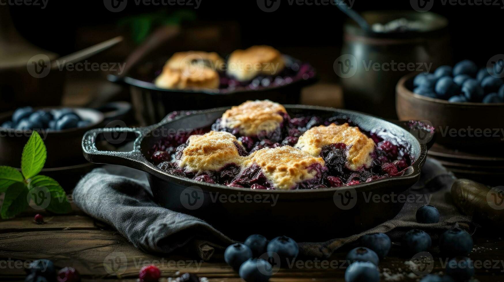 Blueberry Cobbler with blueberries fruit on a wooden table with a blurred background, AI Generative photo