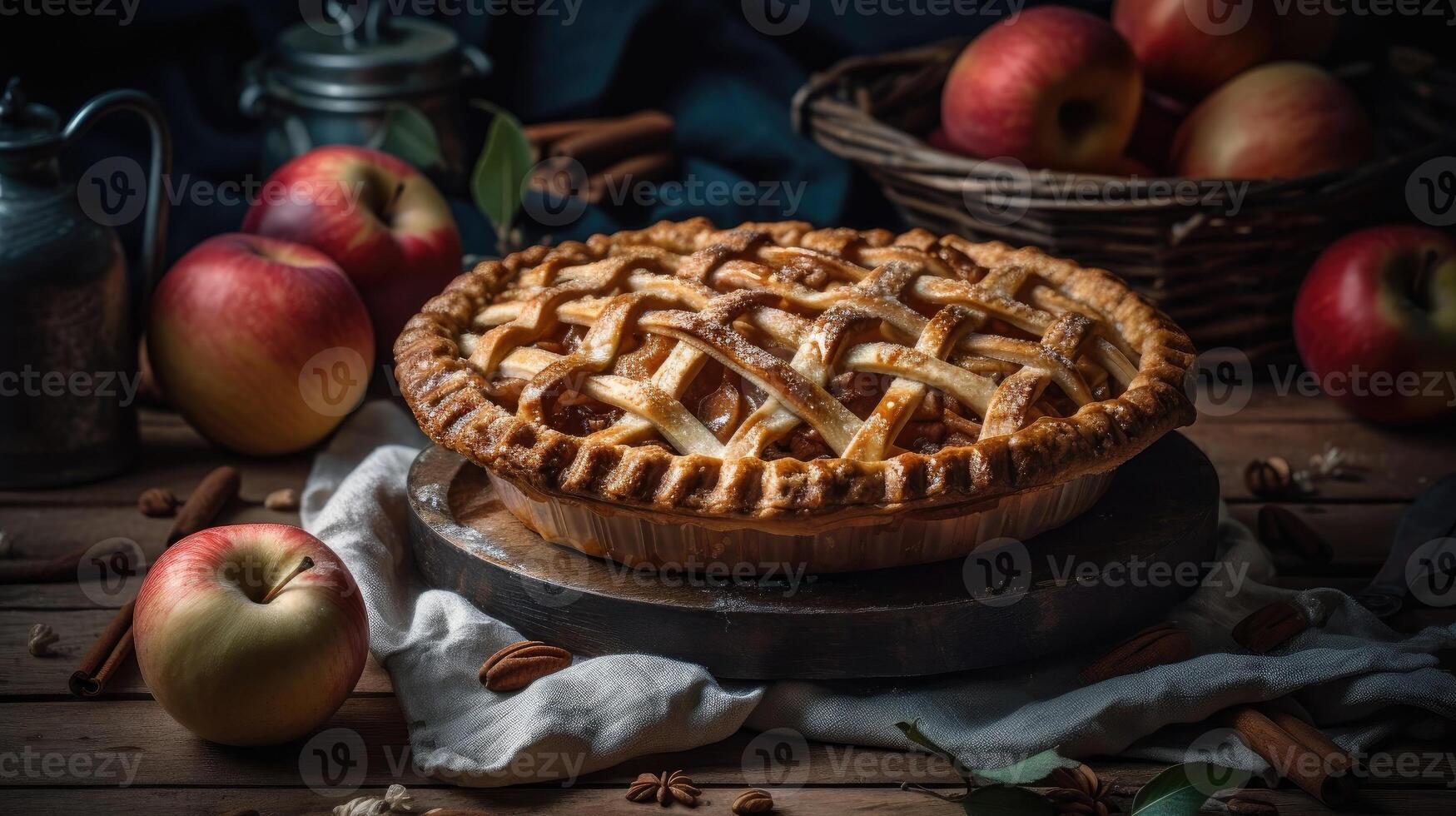 perfect viewing angle of sweet apple pie with complete composition on blur background, AI Generative photo