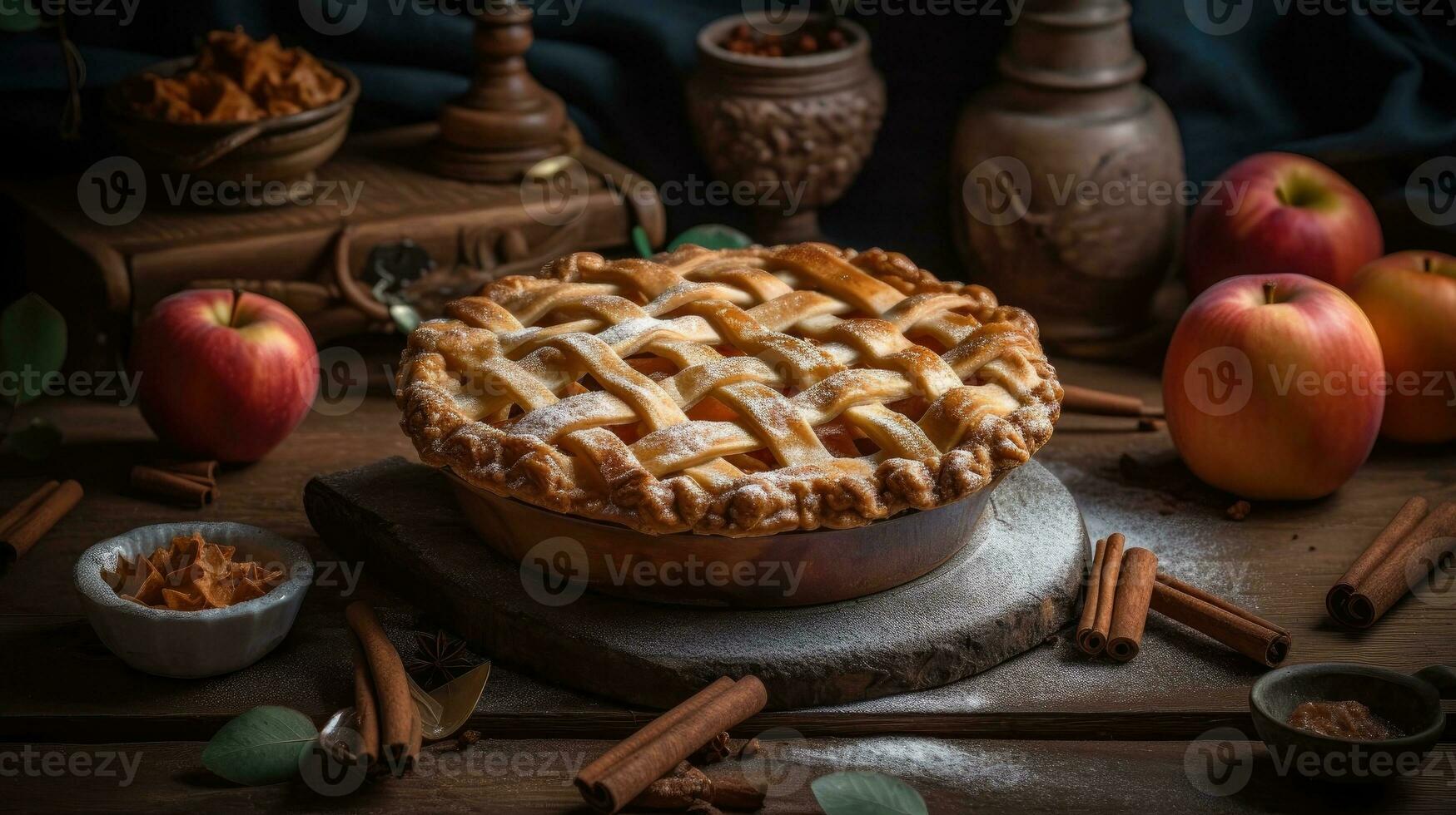 perfect viewing angle of sweet apple pie with complete composition on blur background, AI Generative photo