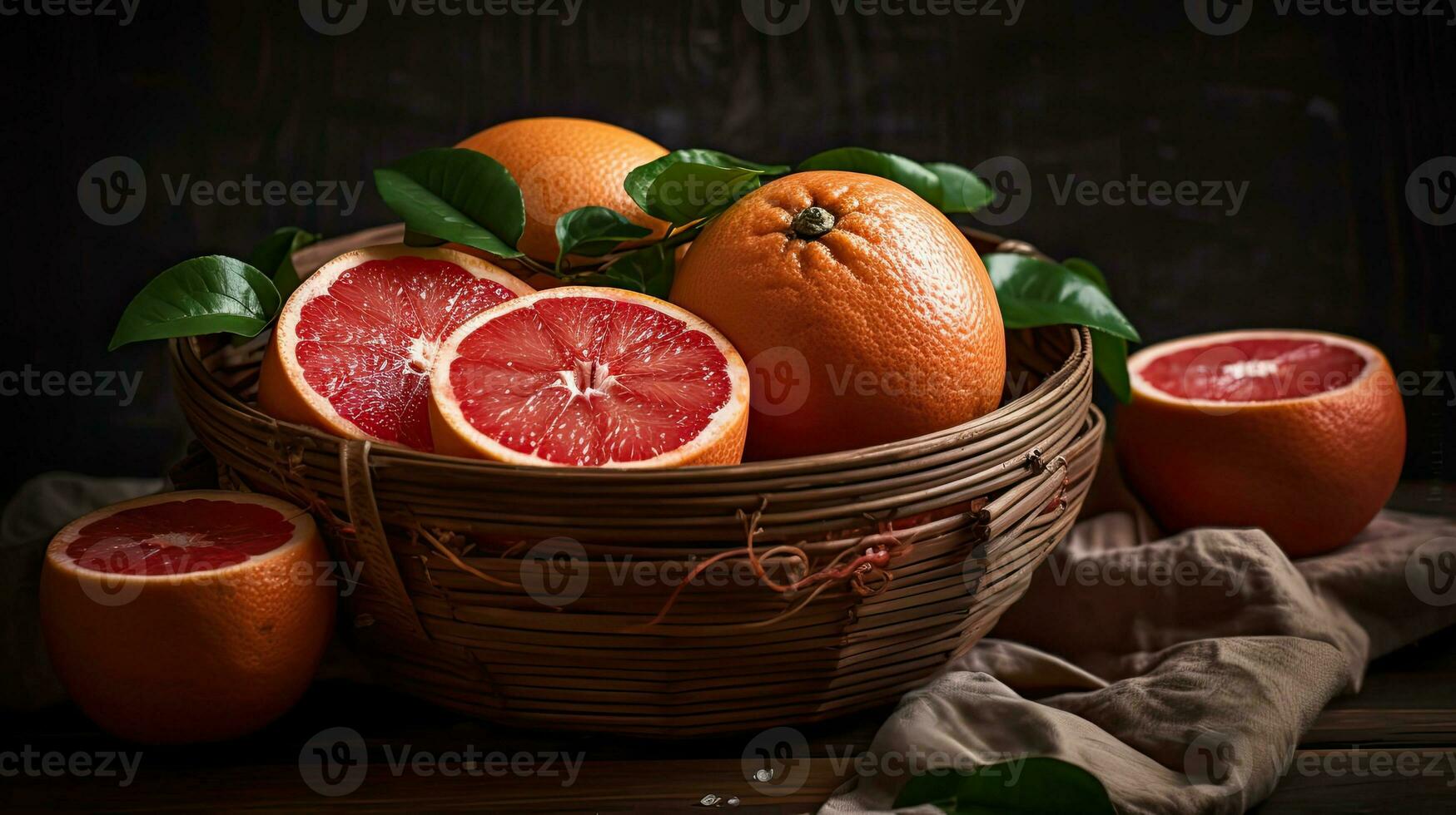 Closeup Grapefruits in a bamboo basket on a black background, AI Generative photo