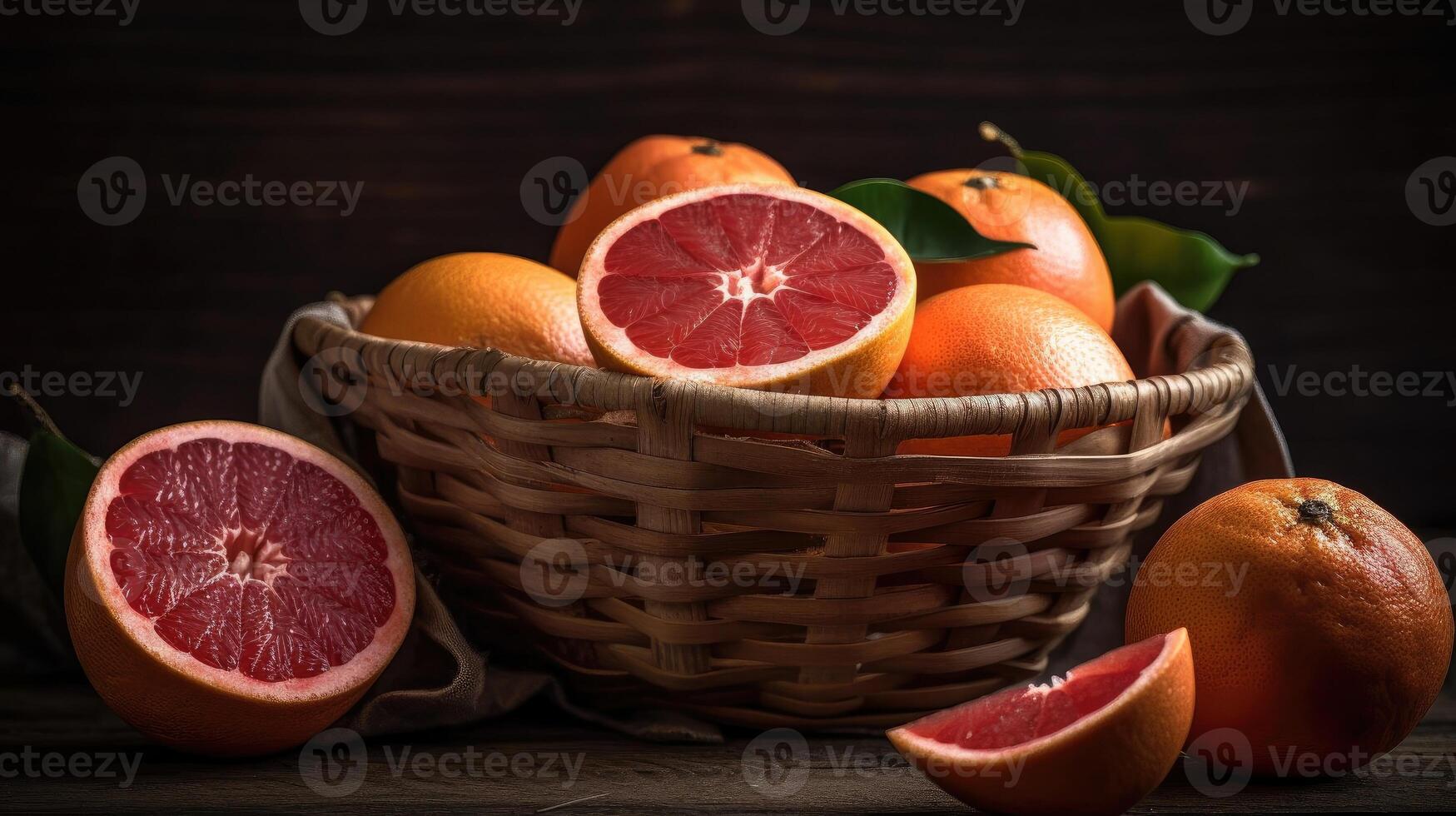 Grapefruits in a bamboo basket on a black background, photo