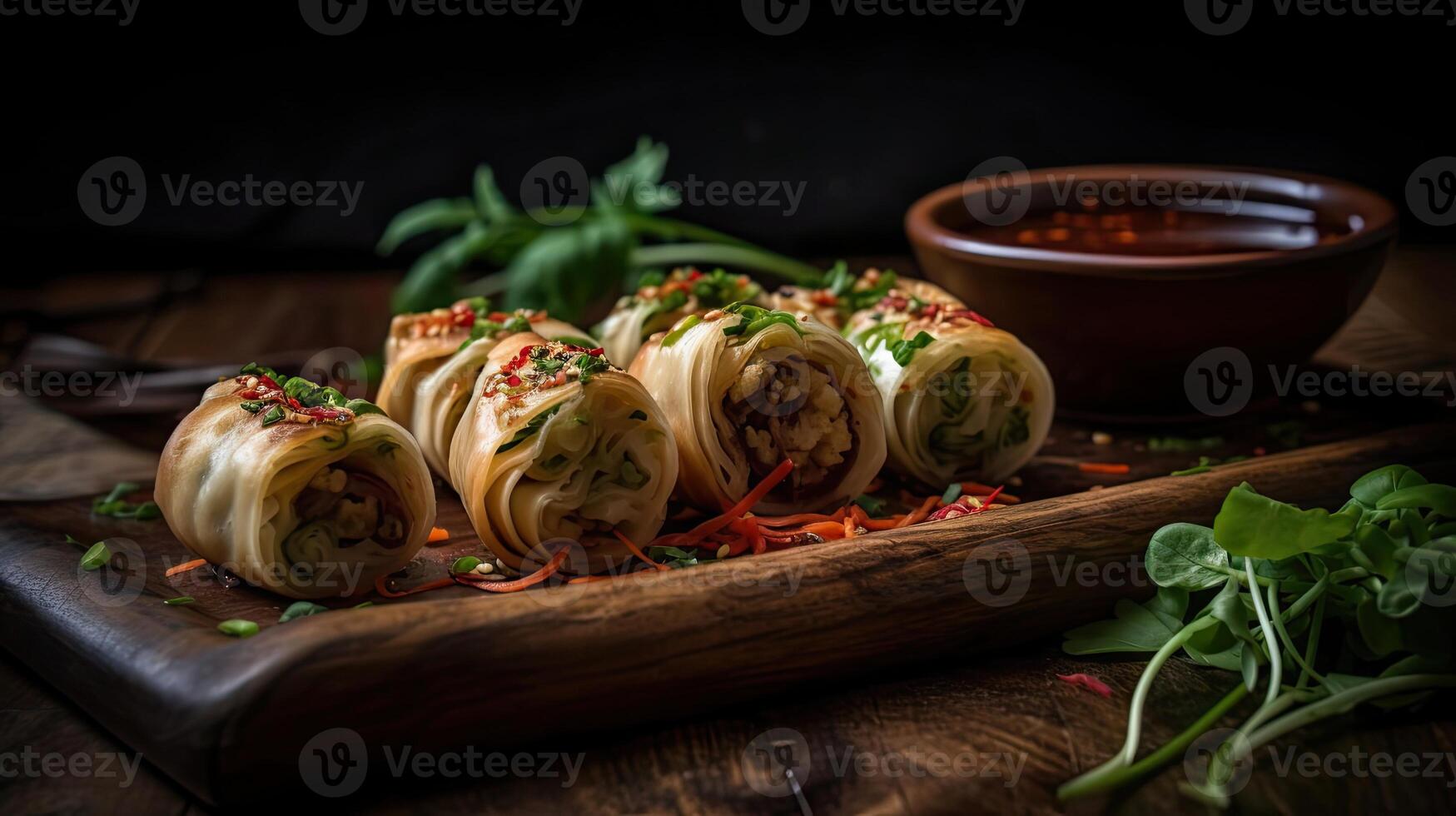 Closeup crispy eggrolls on wood plate with blurred background, photo