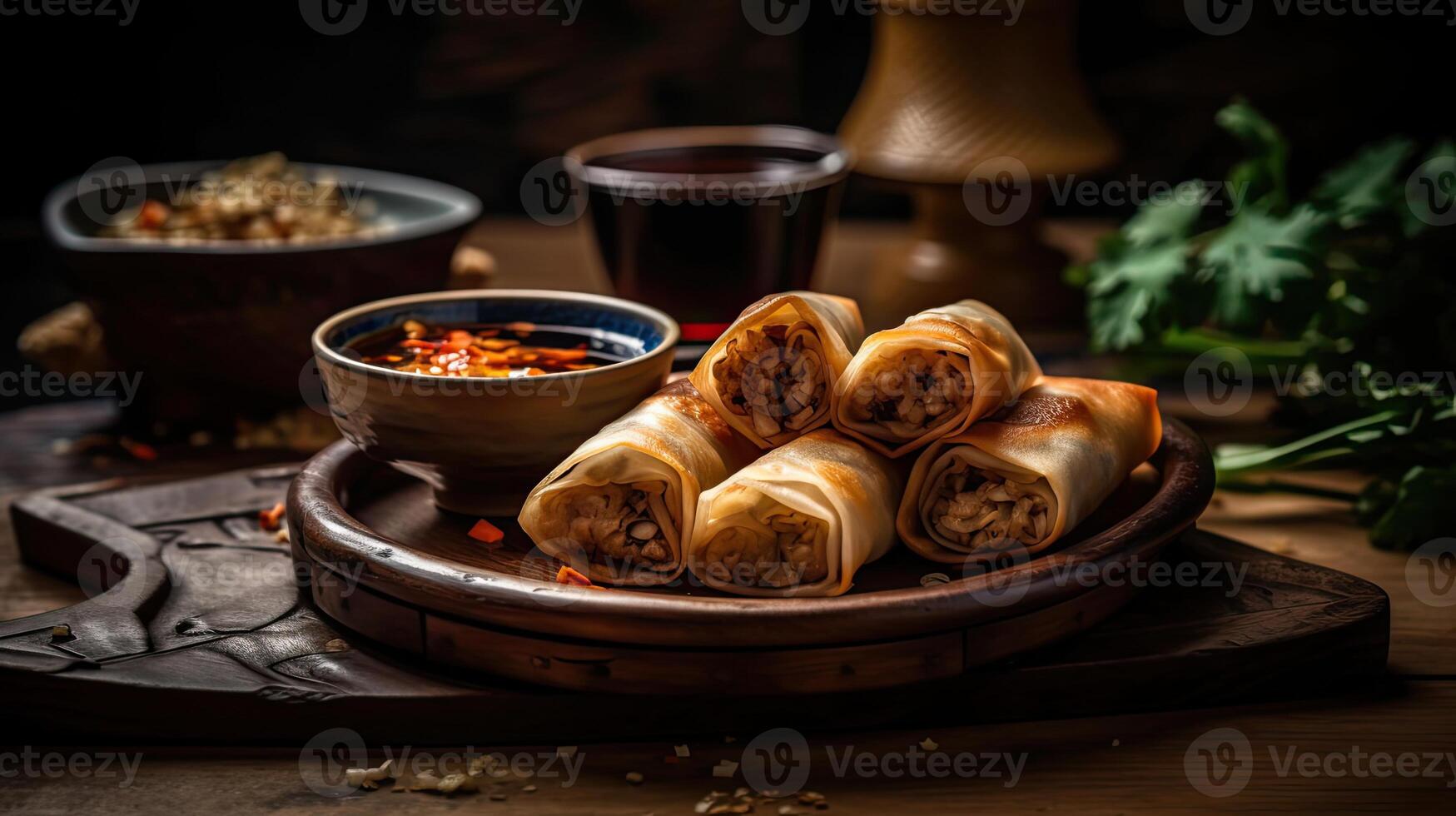 Eggrolls on wood plate with blurred background, photo