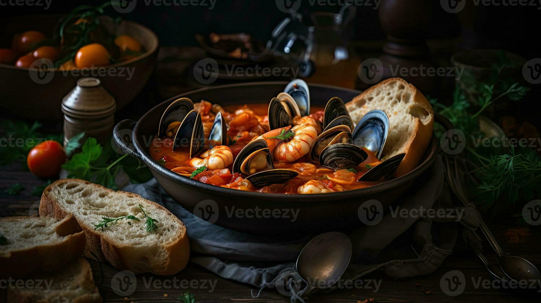 Spicy red cioppino soup with clam meat on a black plate and blur background, AI Generative photo