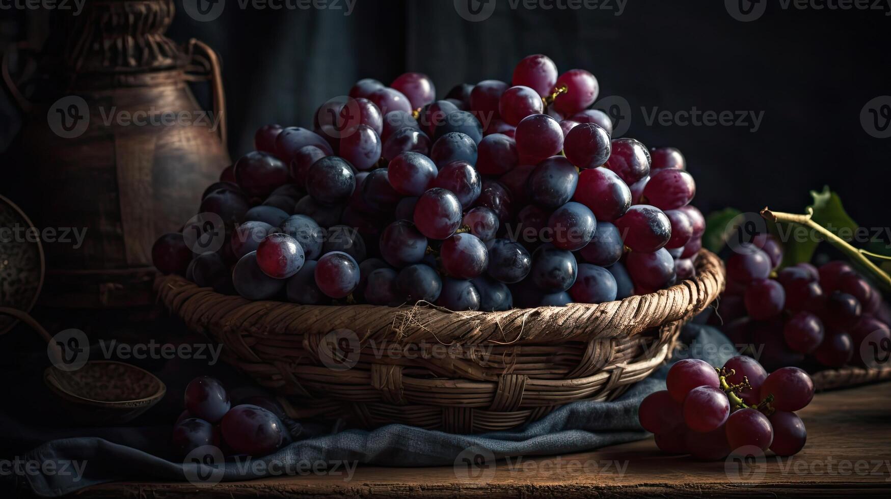 closeup fresh grape fruits on bamboo basket with blurred background, photo