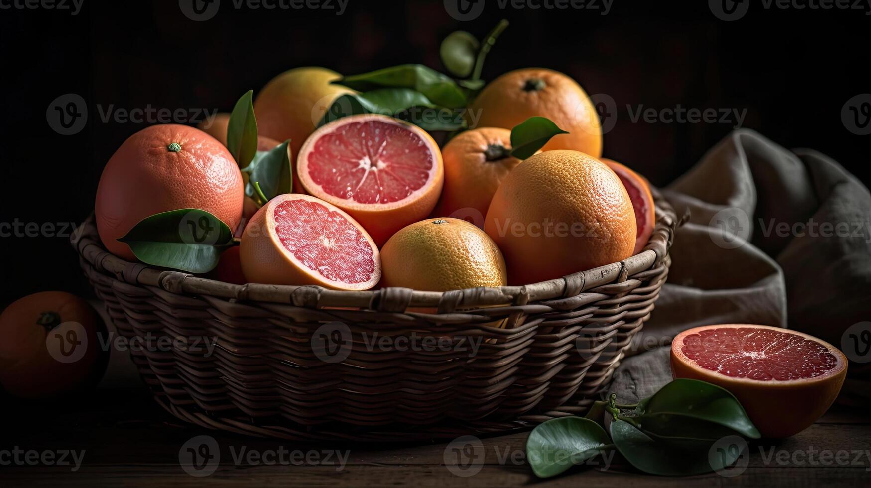 Closeup Grapefruits in a bamboo basket on a black background, photo