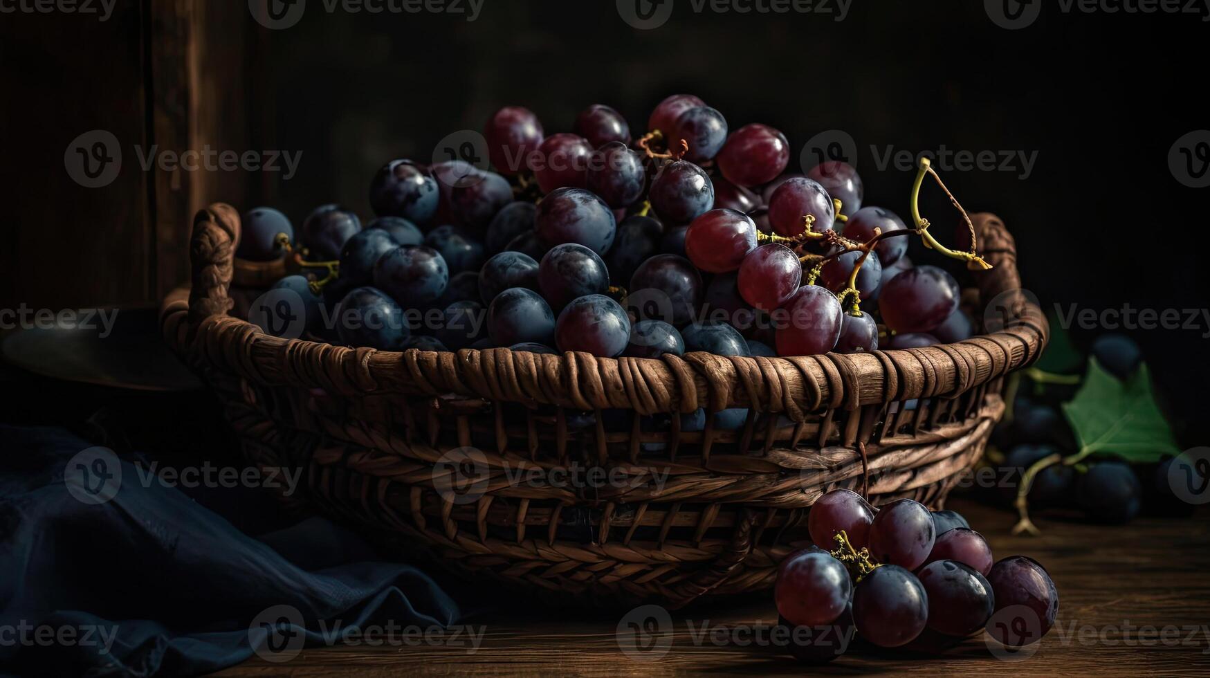 Fresh Grape fruits on bamboo basket with blurred background, photo