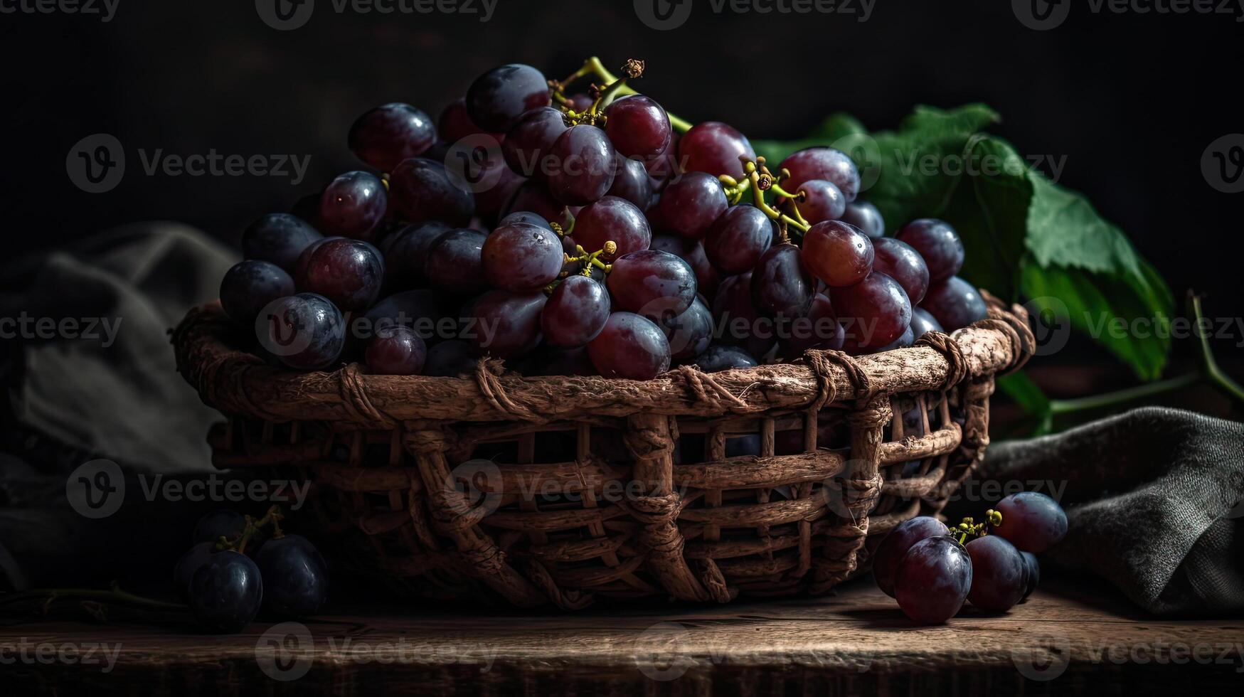 Fresh Grape fruits on bamboo basket with blurred background, photo