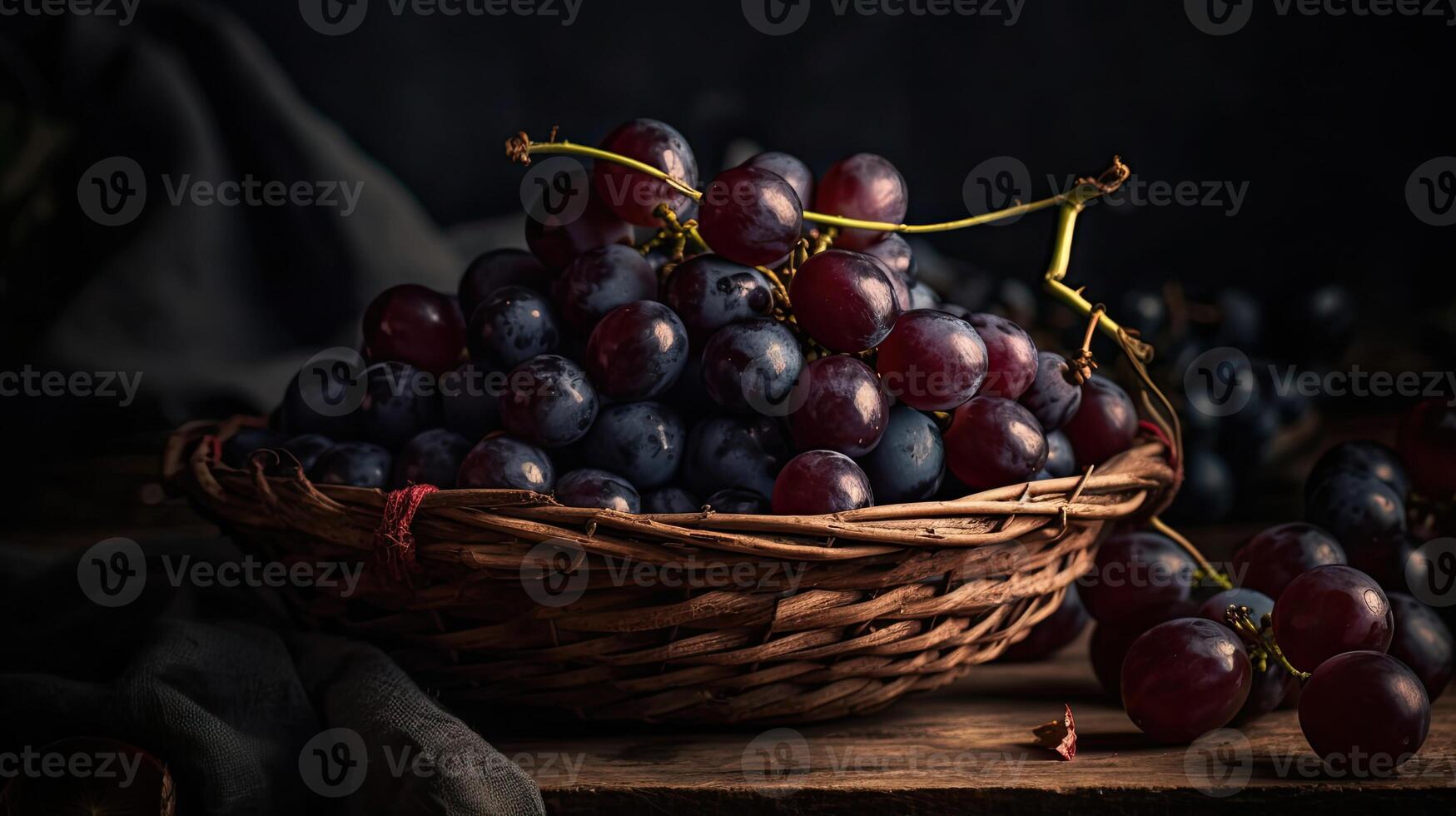 close-up fresh grape fruits on bamboo basket with blurred background, photo