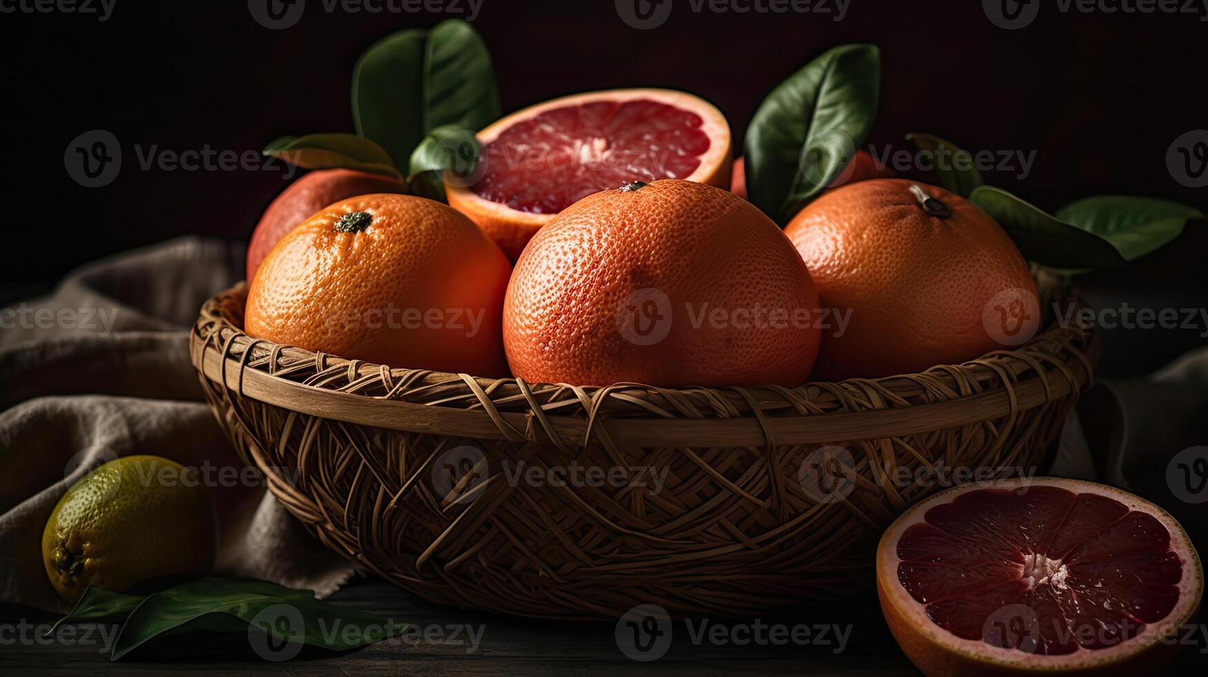 Closeup Grapefruits in a bamboo basket on a black background, photo