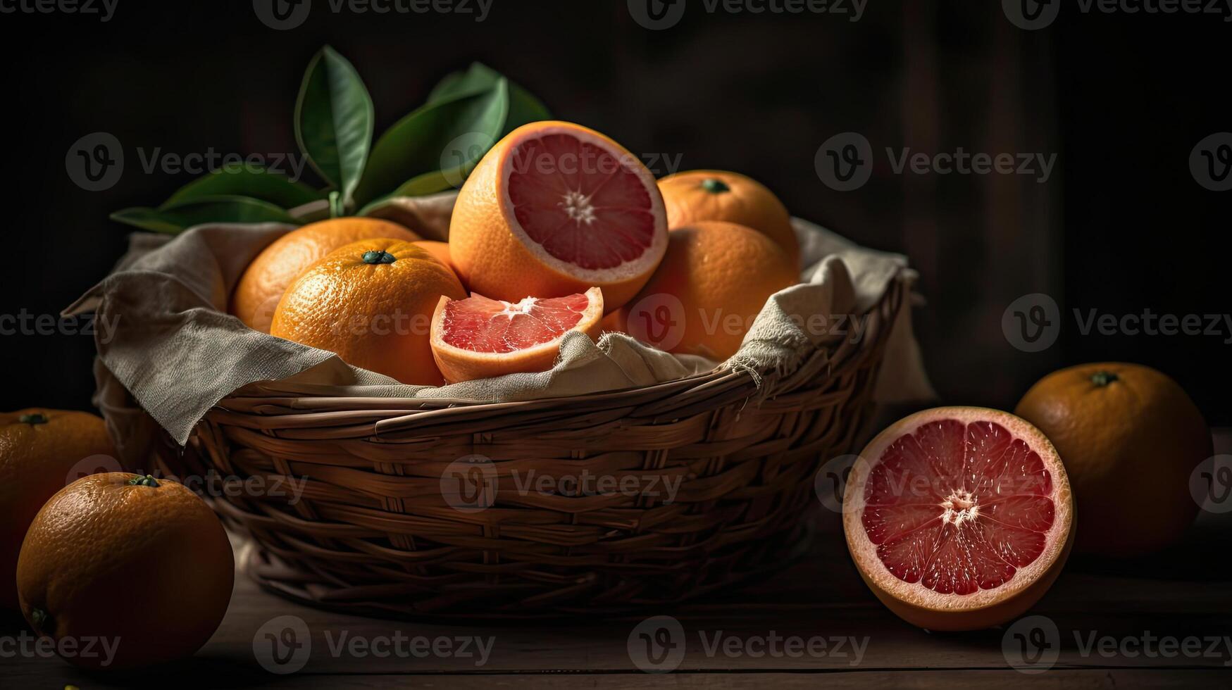 Grapefruits in a bamboo basket on a black background, photo