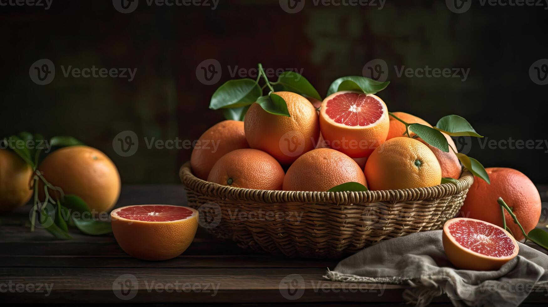 Grapefruits in a bamboo basket on wooden table with blur background, photo