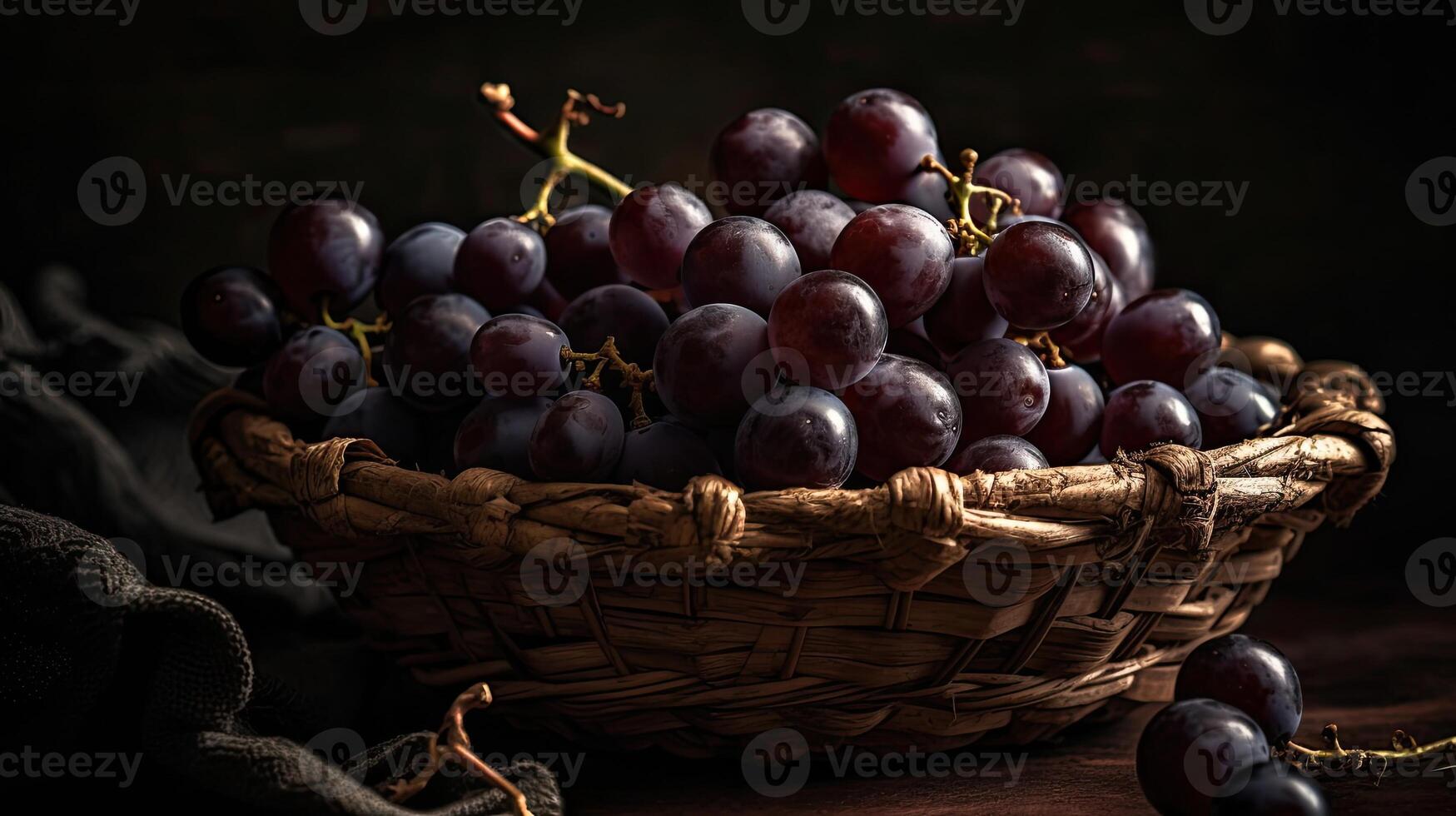Grape fruits on bamboo basket with blurred background, photo