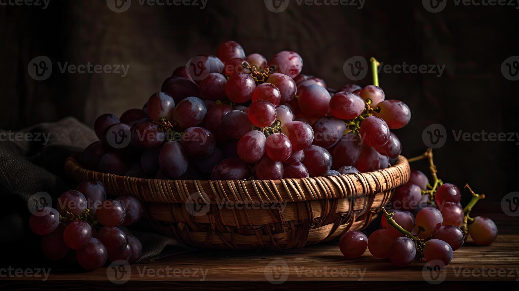 closeup fresh grape fruits on bamboo basket with blurred background, photo