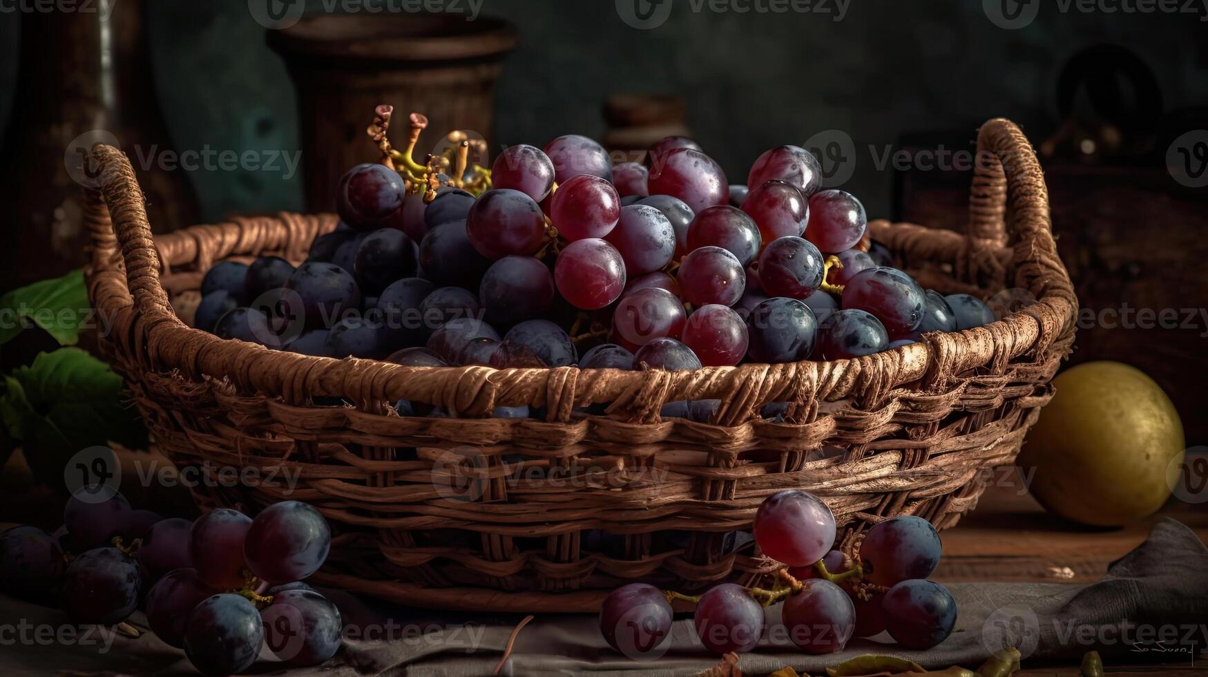 close-up fresh grape fruits on bamboo basket with blurred background, photo