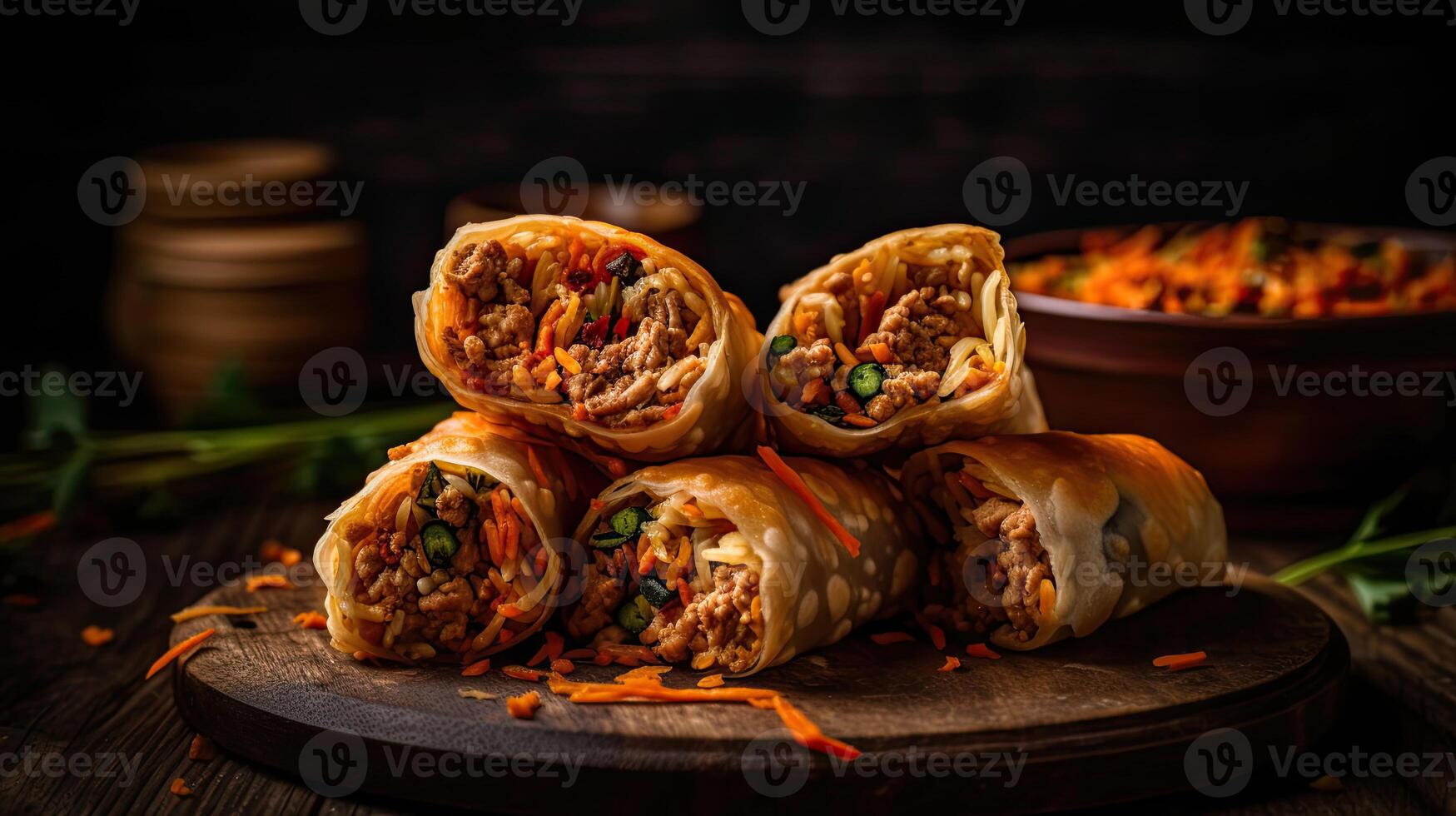 Closeup crispy eggrolls on wood plate with blurred background, photo