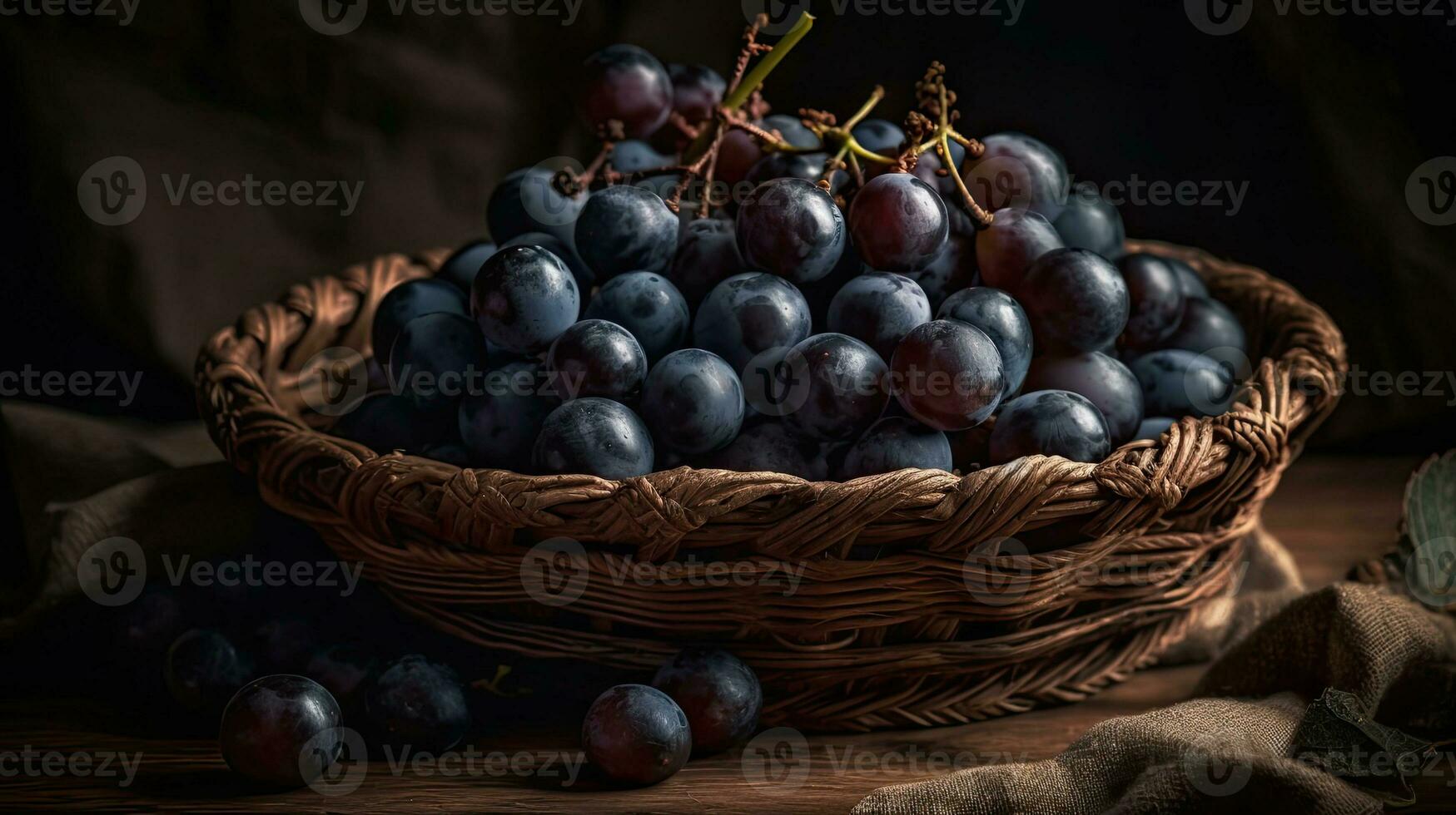 Closeup Grape fruits on bamboo basket with blurred background, AI Generative photo