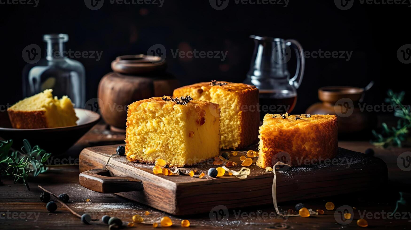 cerca arriba mullido pastel pan de maíz en madera plato con borroso fondo, ai generativo foto