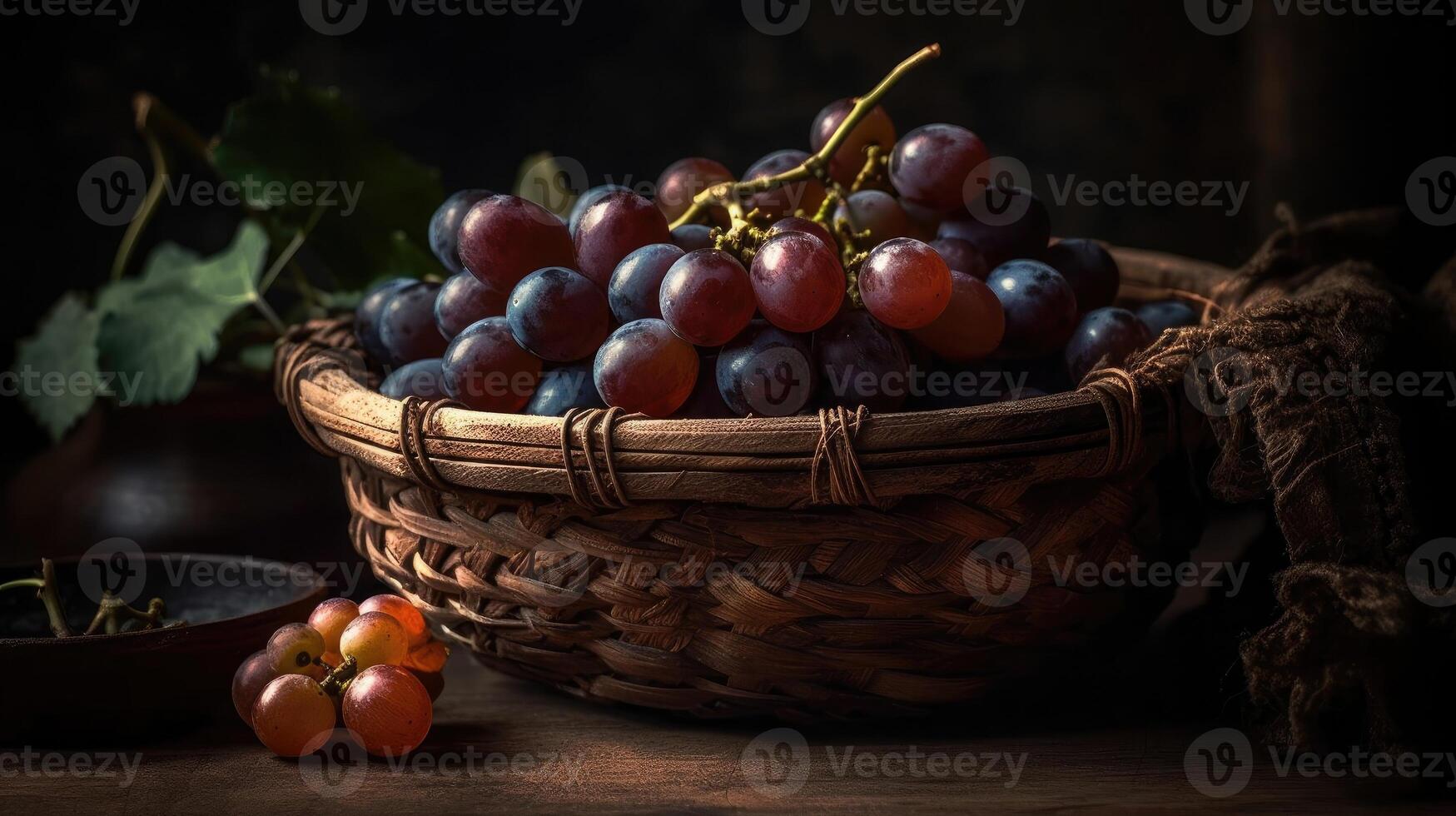 close-up fresh grape fruits on bamboo basket with blurred background, photo