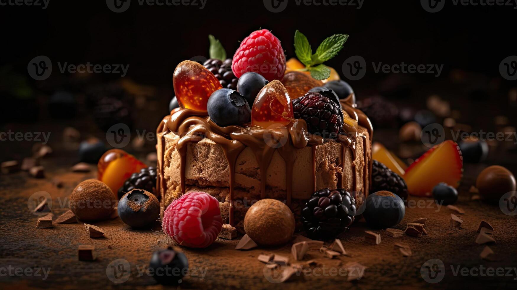 dulce postre con un aspersión de fresa arándanos y chocolate con un borroso fondo, ai generativo foto