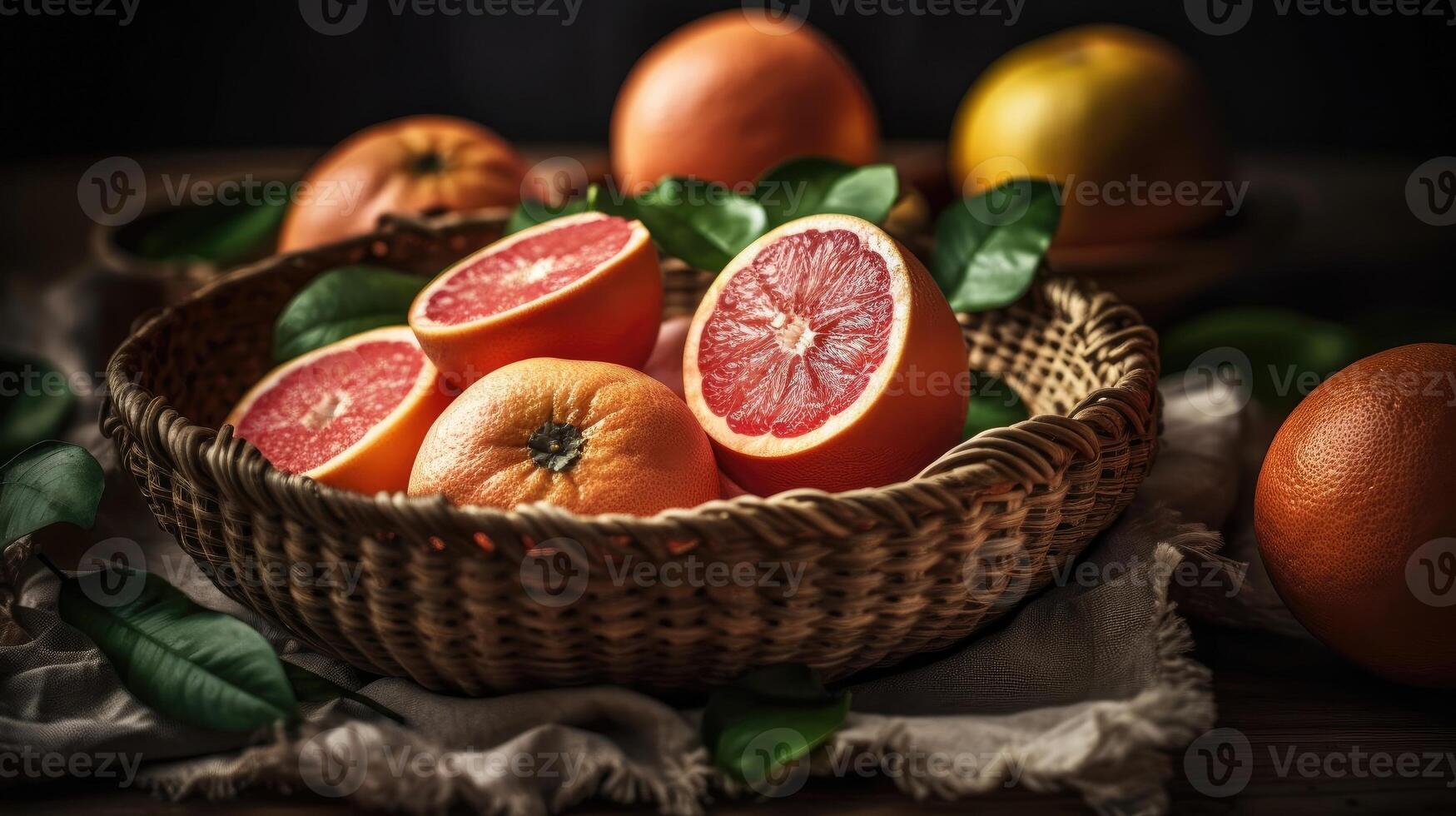 Grapefruits in a bamboo basket on a black background, photo