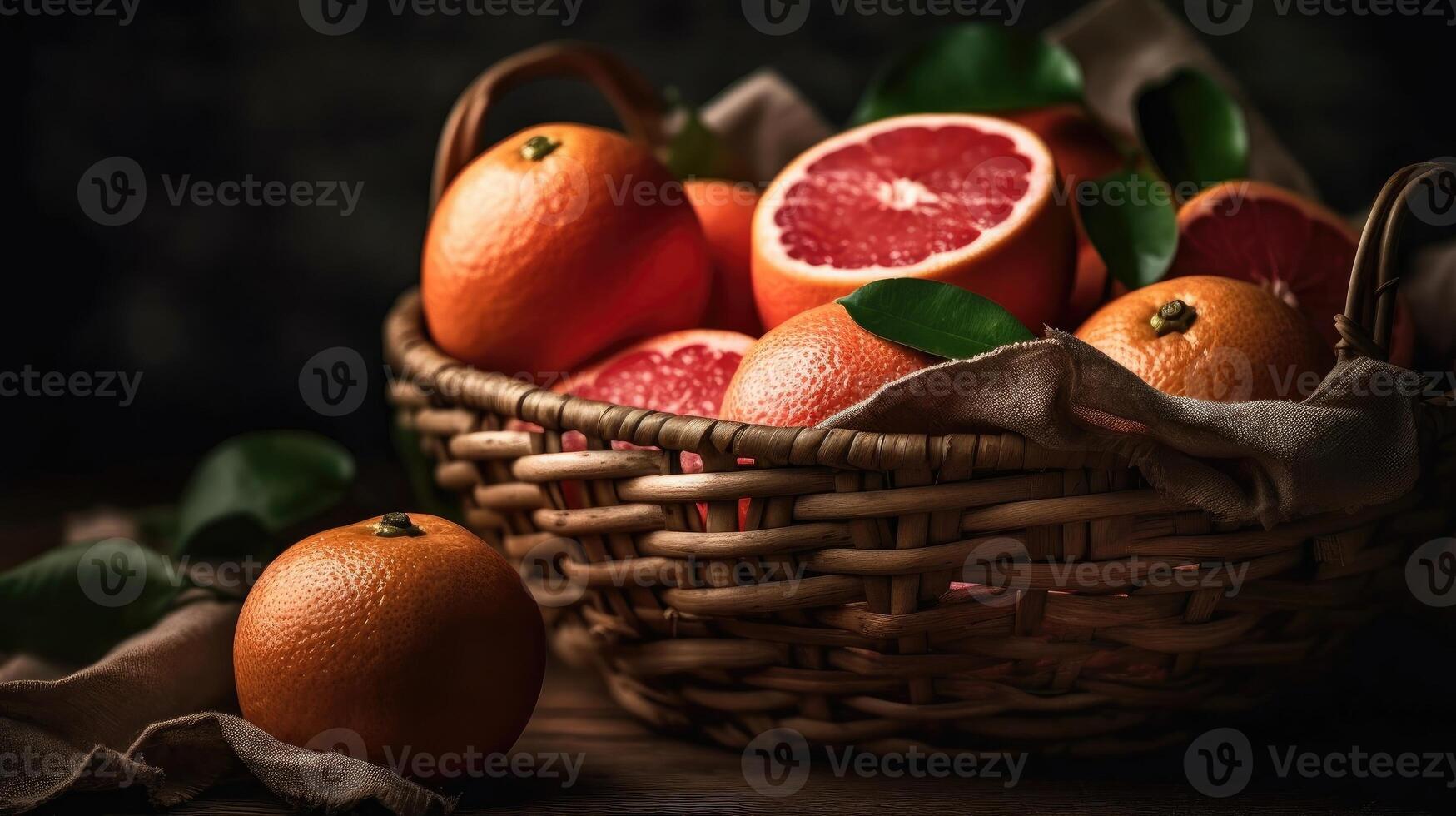 Grapefruits in a bamboo basket on wooden table with blur background, photo