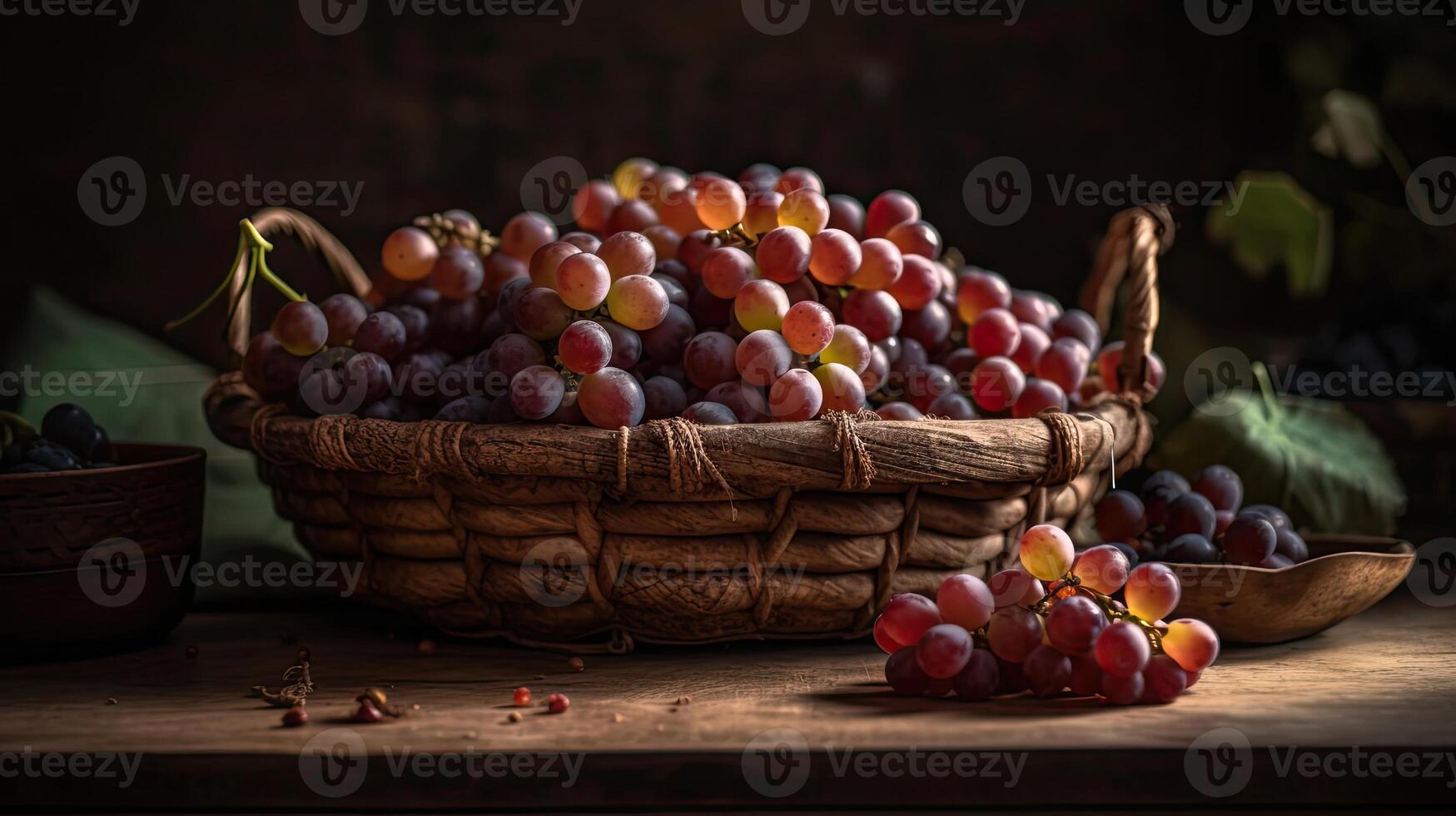 Closeup Grape fruits on bamboo basket with blurred background, photo