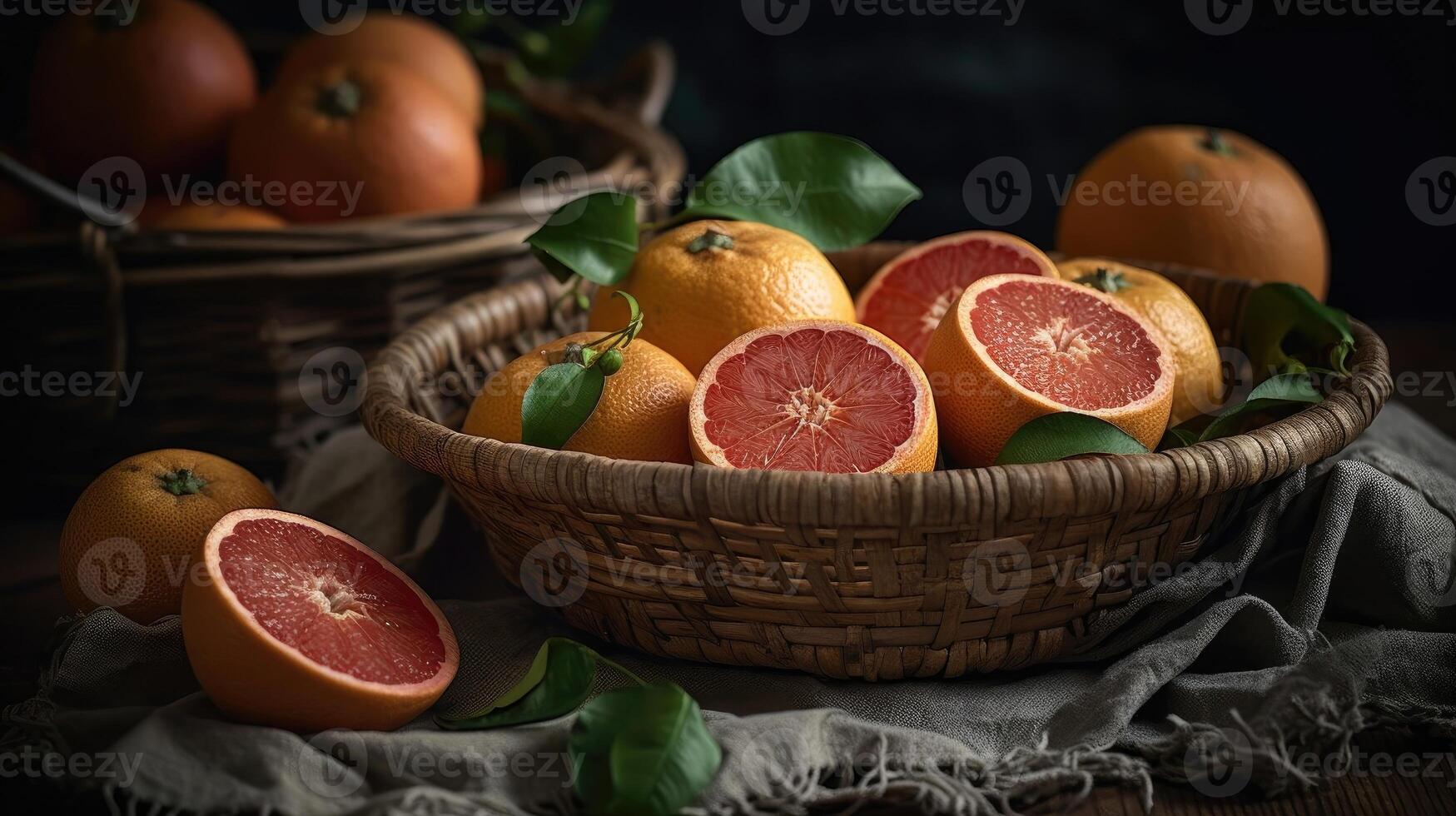 Closeup Grapefruits in a bamboo basket on a black background, photo