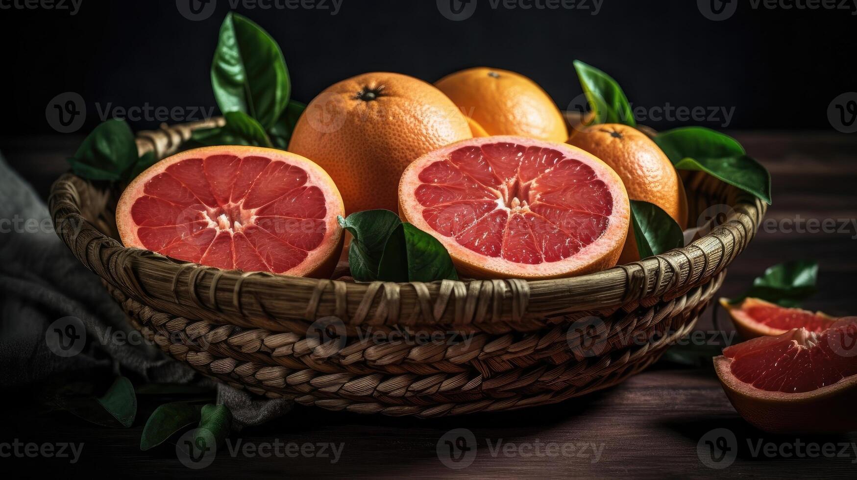 Grapefruits in a bamboo basket on a black background, photo