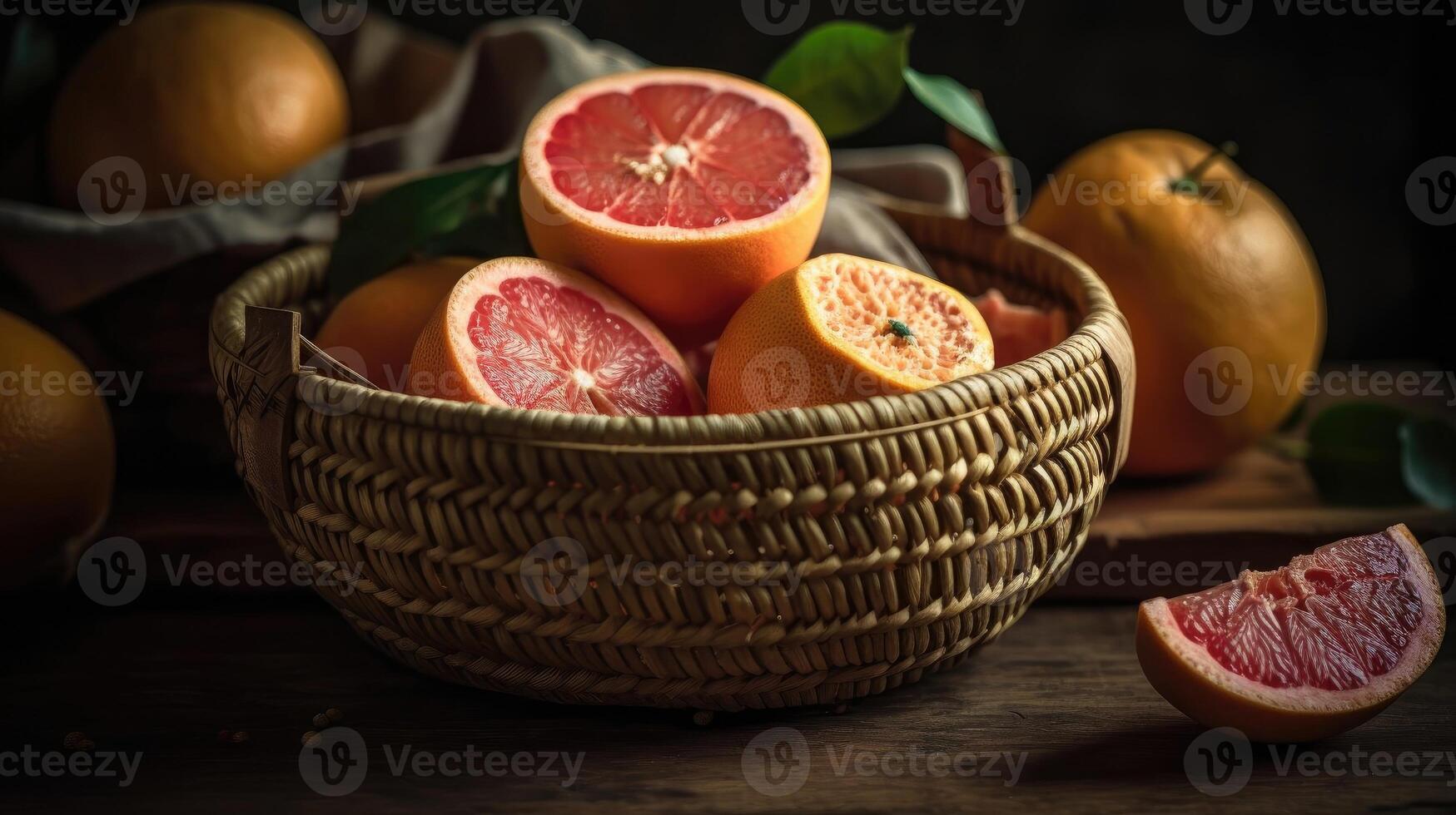 Grapefruits in a bamboo basket on a black background, photo