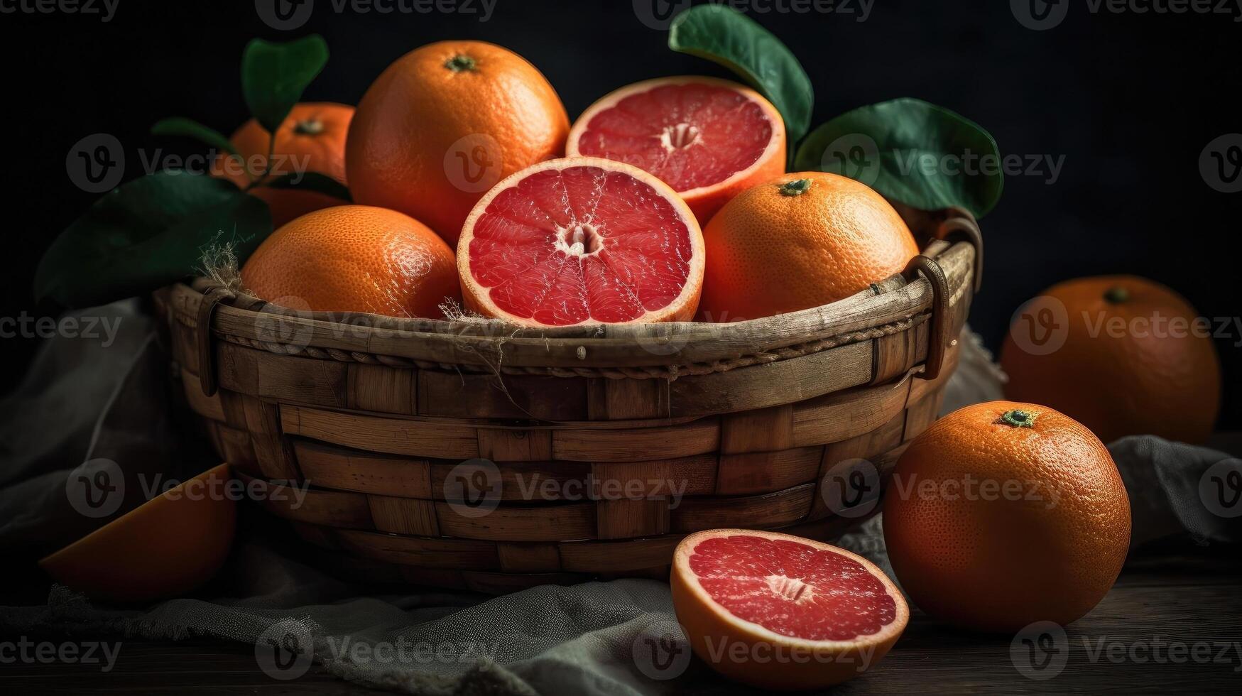 Closeup Grapefruits in a bamboo basket on a black background, photo