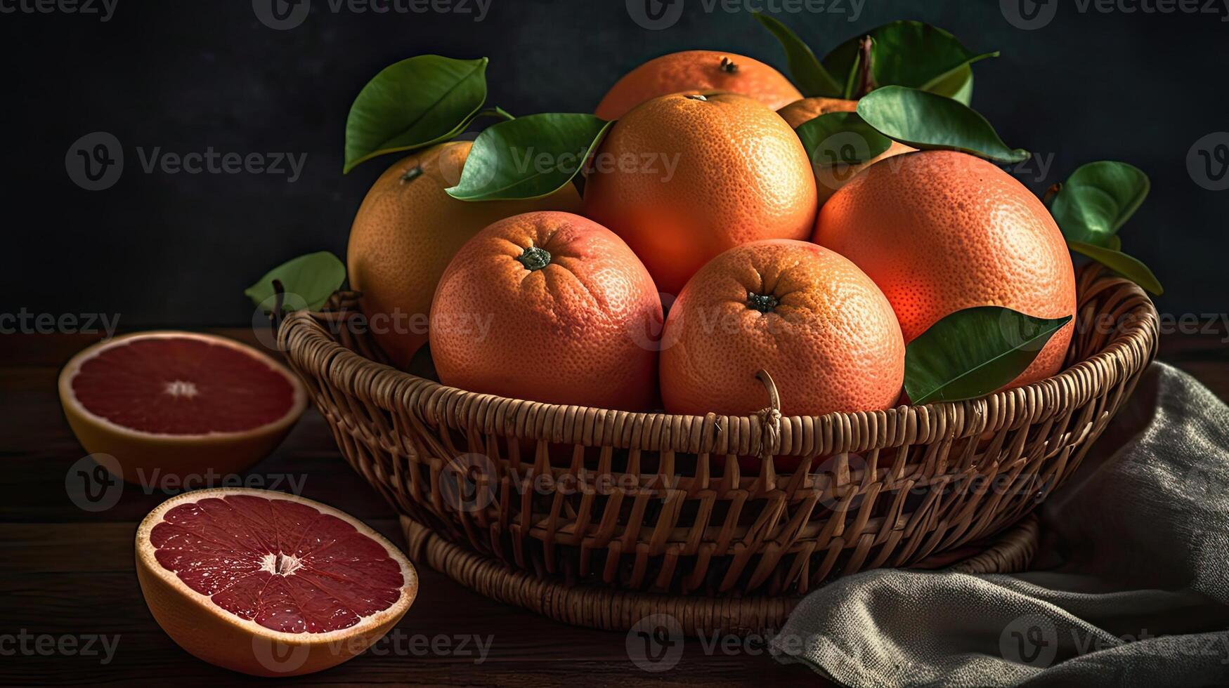 Grapefruits in a bamboo basket on wooden table with blur background, photo