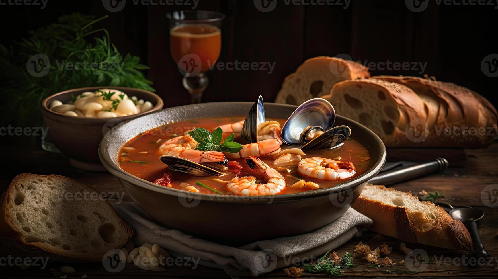 de cerca Cioppino sopa con almeja carne en un negro plato y difuminar fondo, ai generativo foto