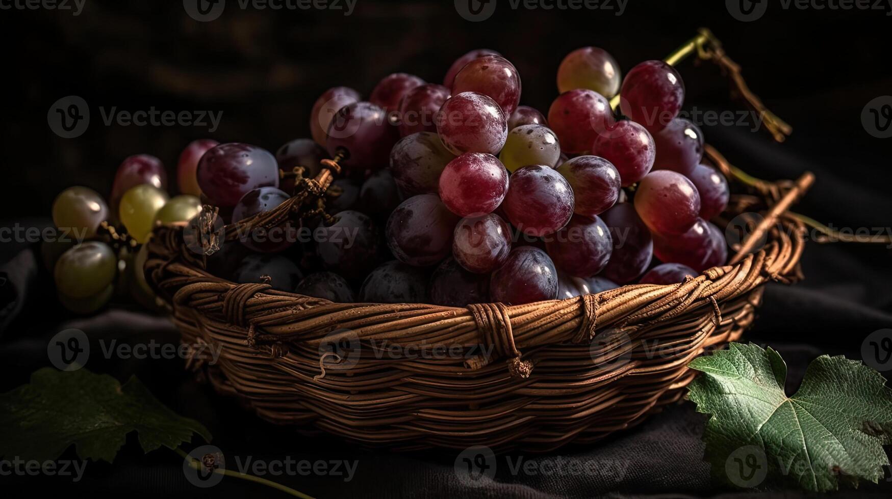 closeup fresh grape fruits on bamboo basket with blurred background, photo