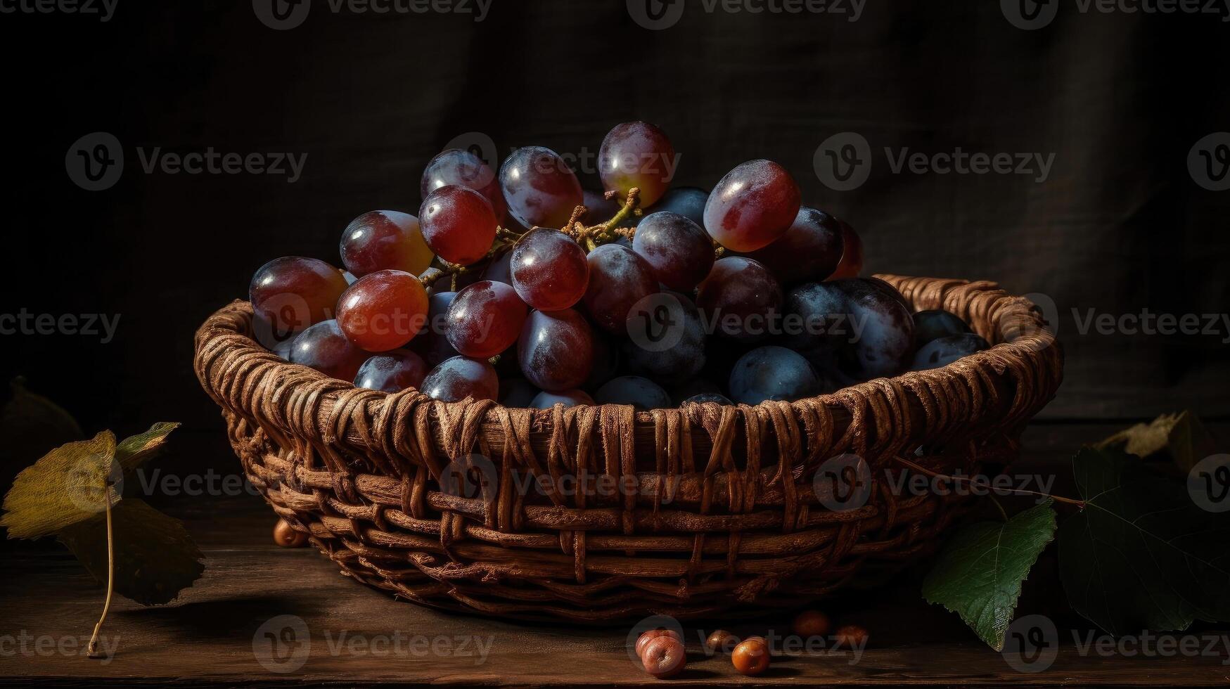 Fresh Grape fruits on bamboo basket with blurred background, photo