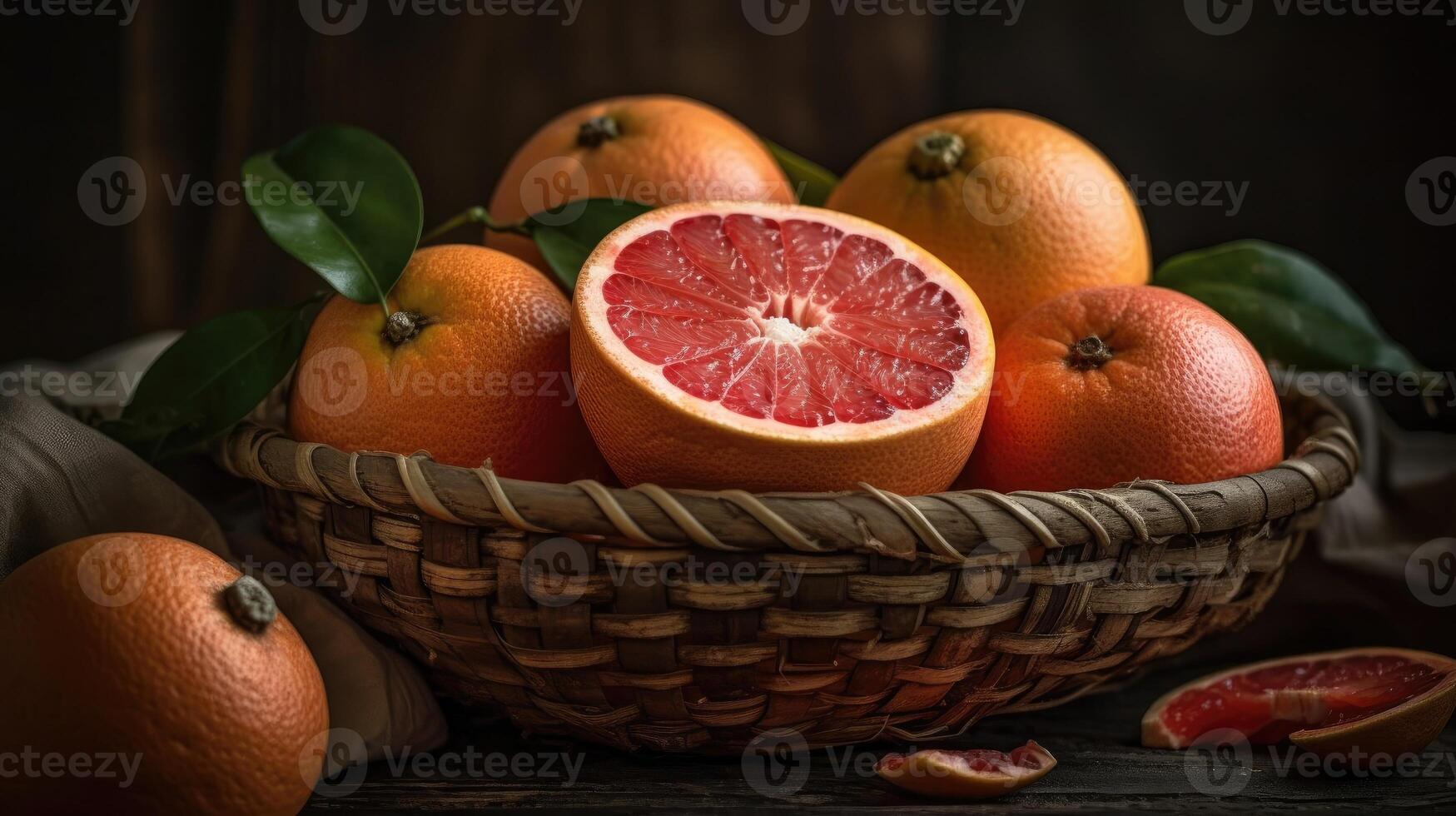 Grapefruits in a bamboo basket on a black background, photo
