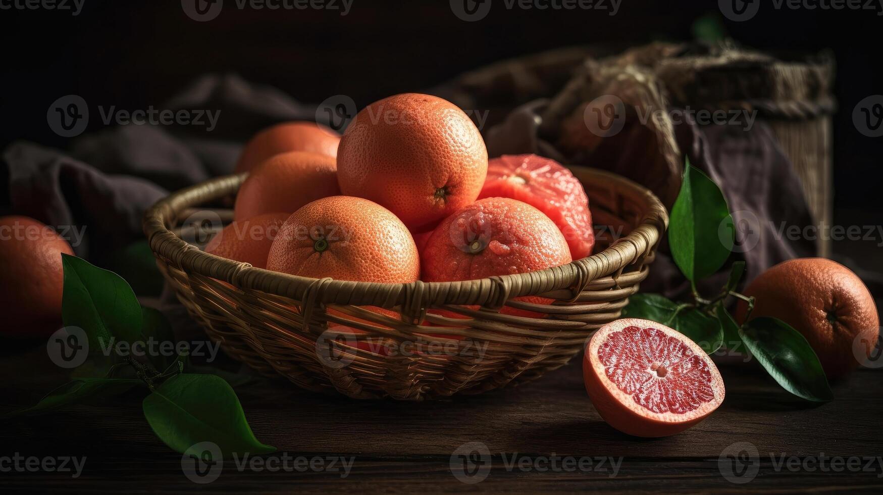 Closeup Grapefruits in a bamboo basket on a black background, photo