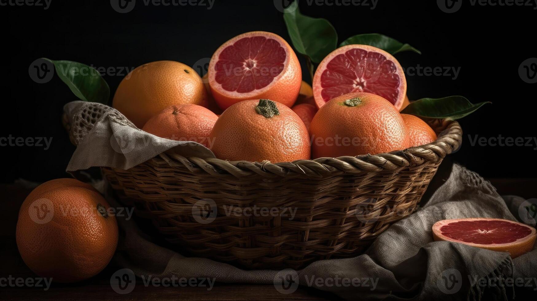 Closeup Grapefruits in a bamboo basket on a black background, photo