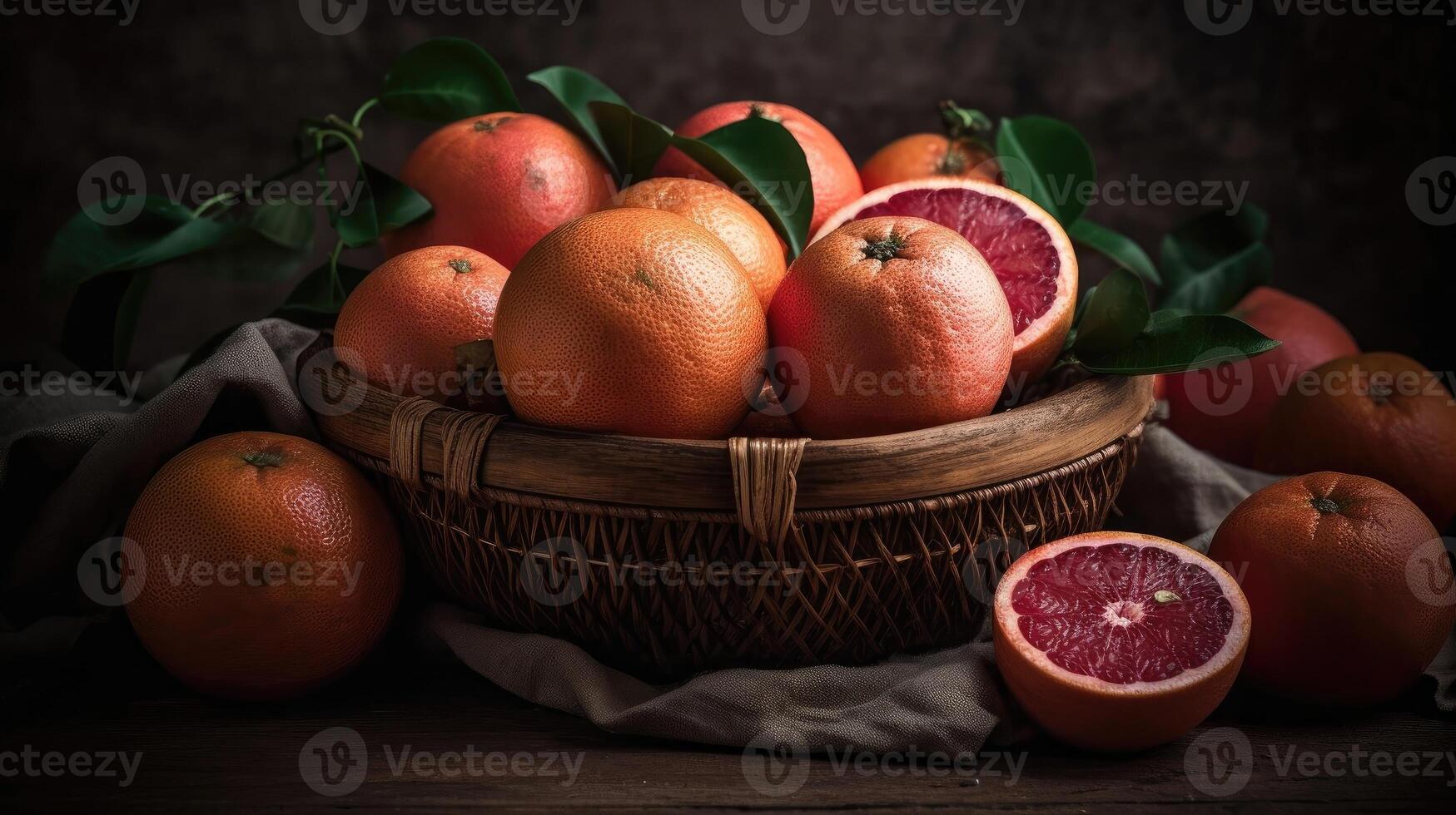 Grapefruits in a bamboo basket on a black background, photo